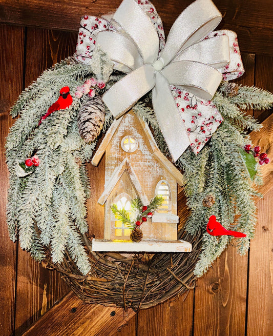 Winter Light church Wreath, woodland grapevine wreath, natural light up wreath, winter wreath, Natural Christmas Decoration