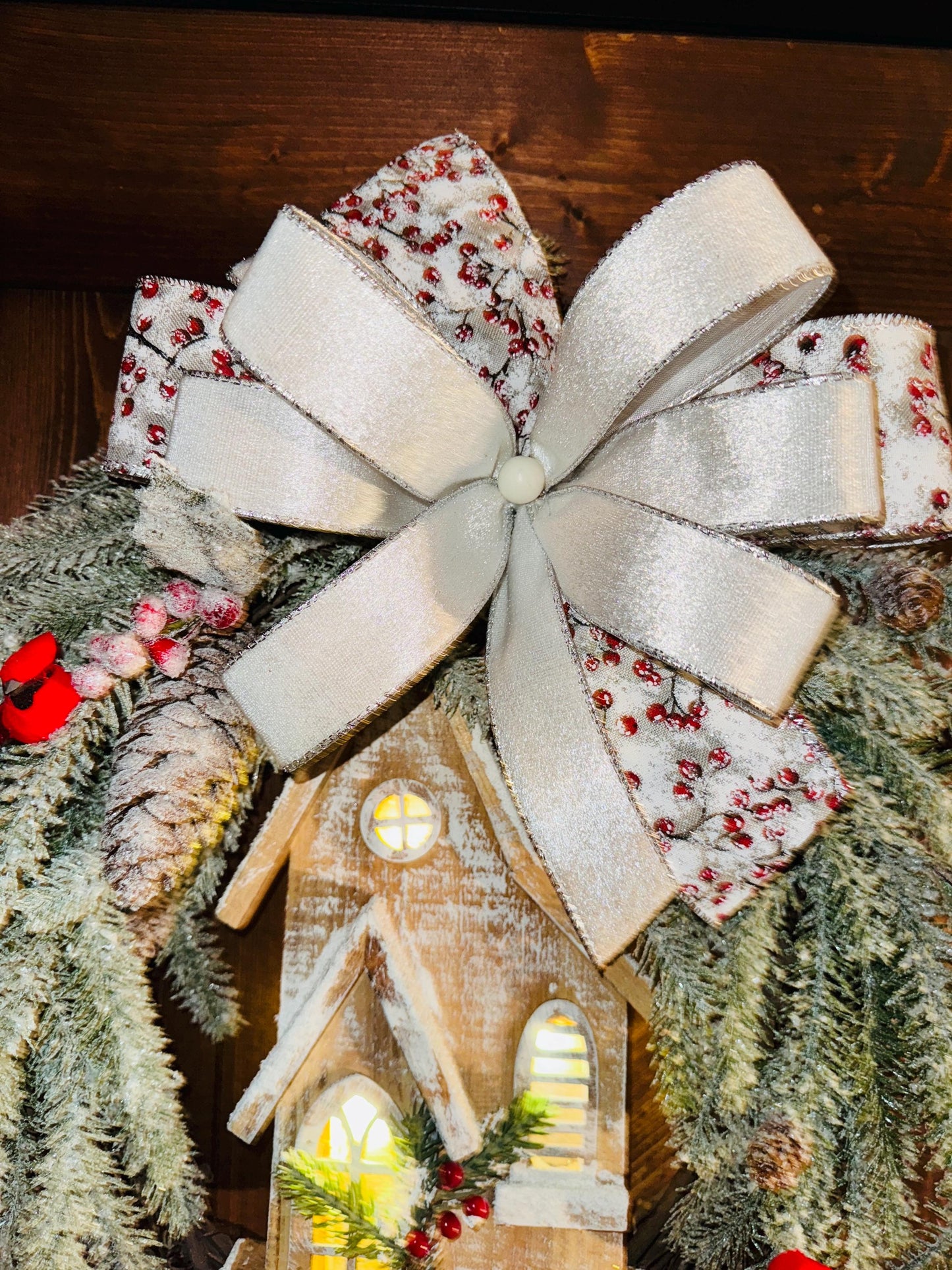 Winter Light church Wreath, woodland grapevine wreath, natural light up wreath, winter wreath, Natural Christmas Decoration