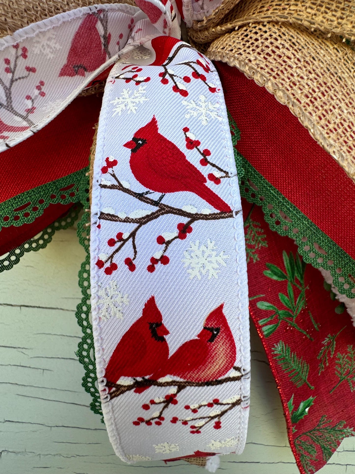 Cardinal Christmas Bow - Rustic Cardinal Tree Topper - Red and Green Holiday Bow - Burlap Winter Bow - Christmas Wreath Bow, Natural Bow