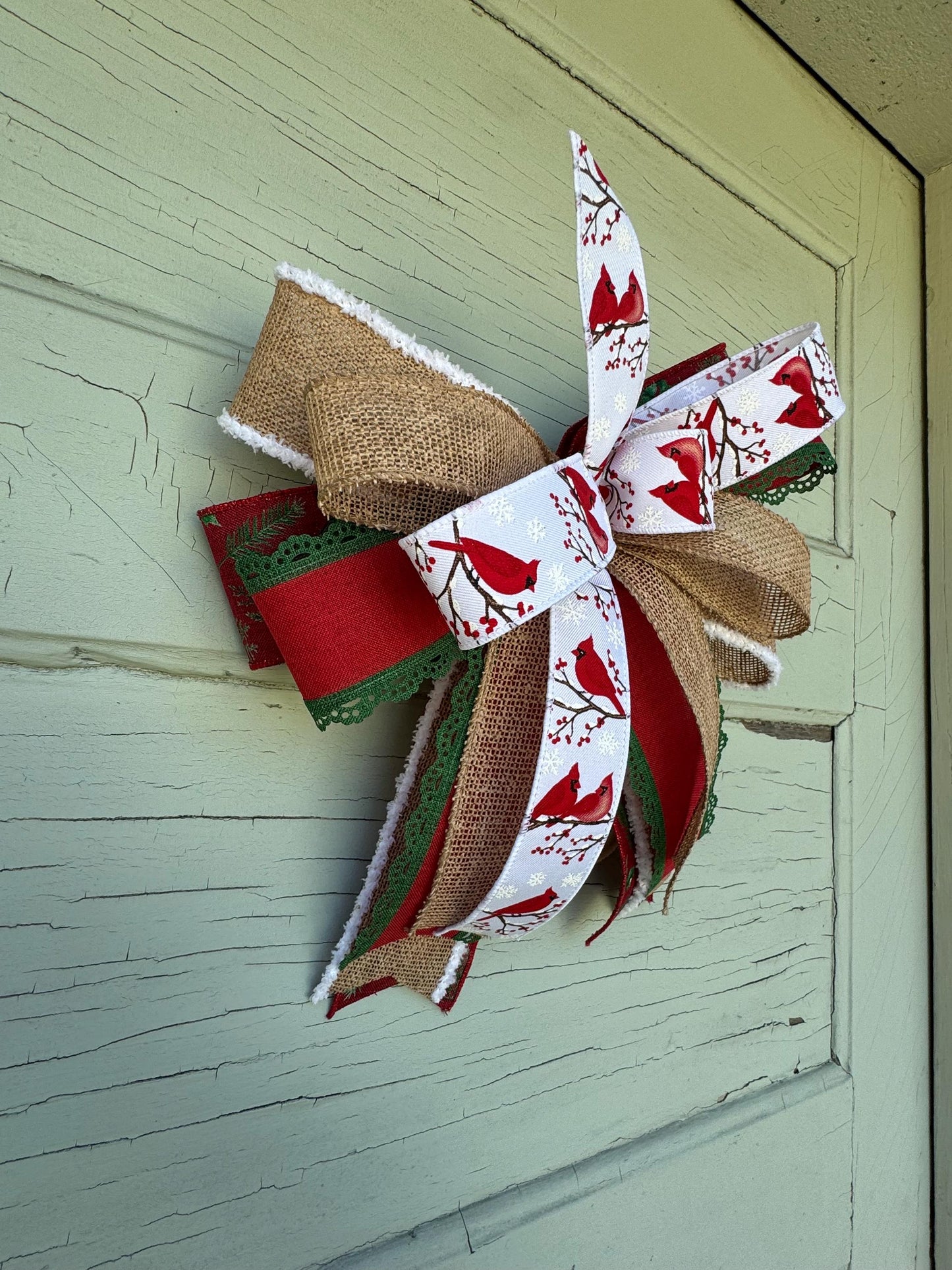 Cardinal Christmas Bow - Rustic Cardinal Tree Topper - Red and Green Holiday Bow - Burlap Winter Bow - Christmas Wreath Bow, Natural Bow