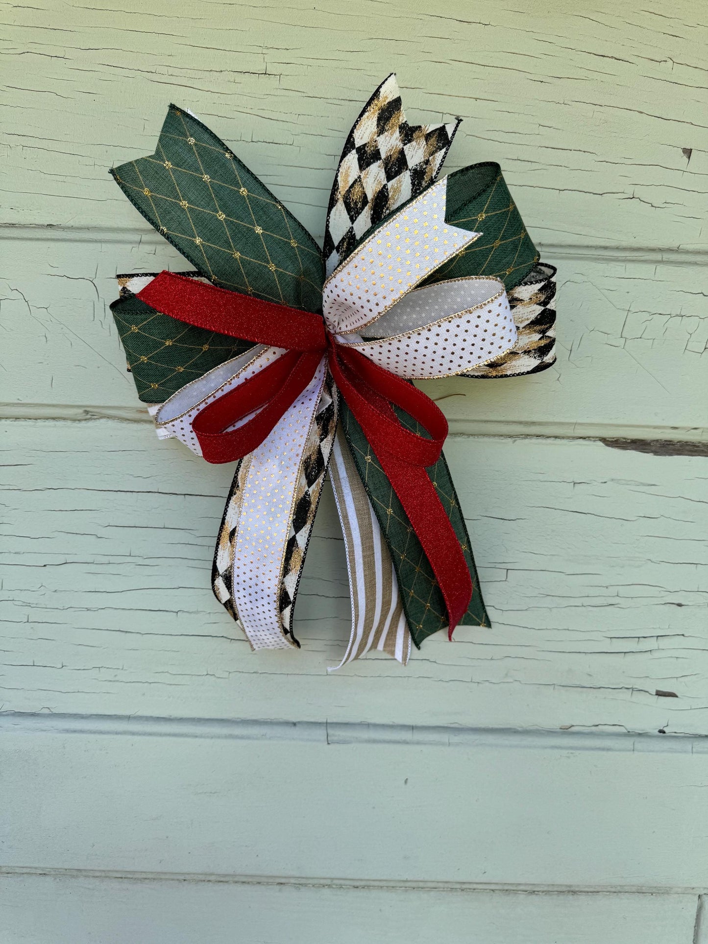 Elegant Green and Gold Christmas Bow - Rustic Glam Holiday Bow - Farmhouse Tree Topper Bow - Red and Black Plaid Bow - Handmade Wreath Bow