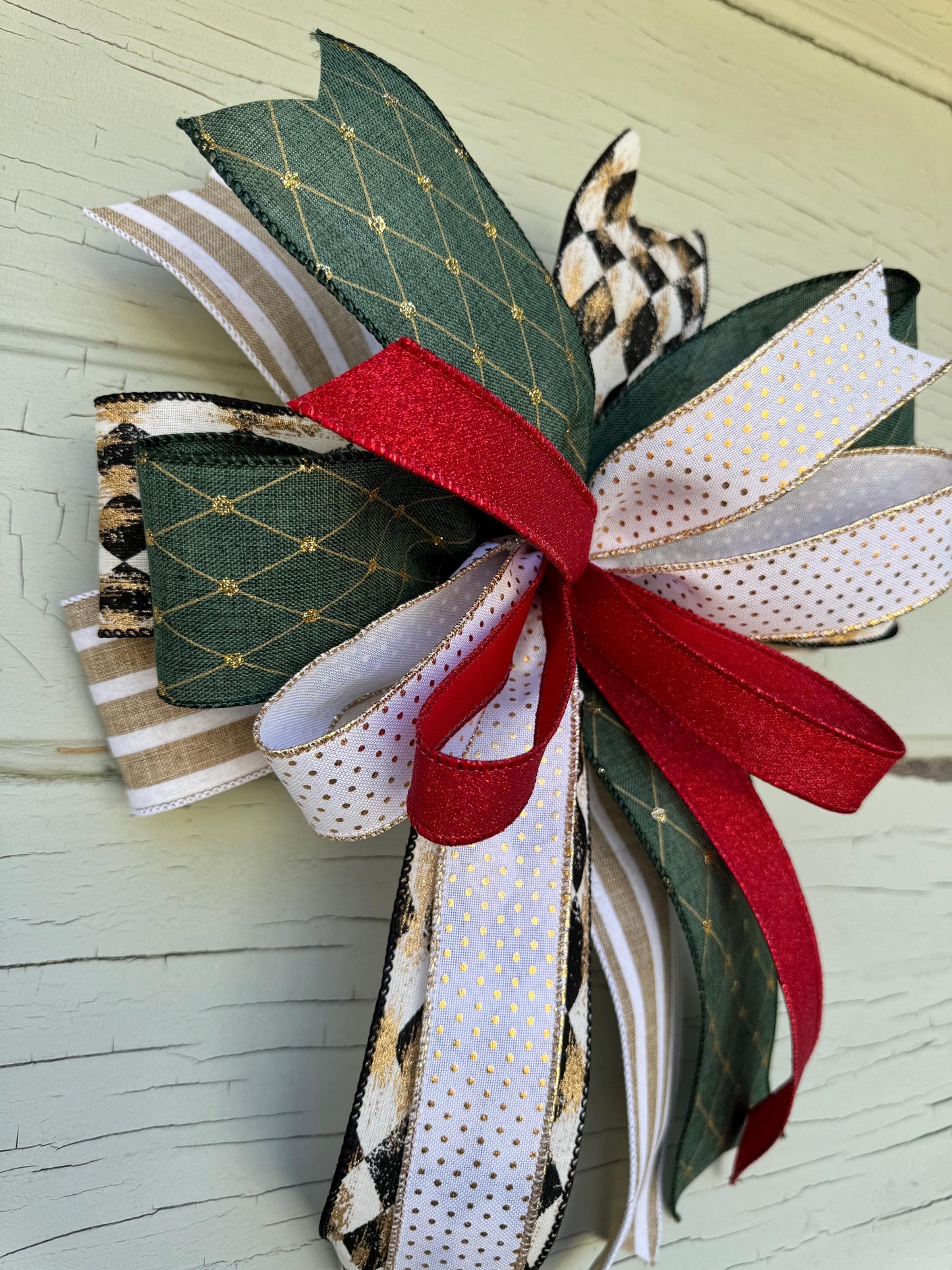 Elegant Green and Gold Christmas Bow - Rustic Glam Holiday Bow - Farmhouse Tree Topper Bow - Red and Black Plaid Bow - Handmade Wreath Bow