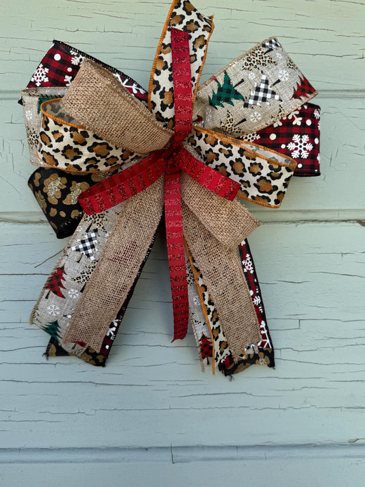 Leopard Print Christmas Bow - Rustic Glam Tree Topper - Burlap and Plaid Holiday Bow - Farmhouse Animal Print Wreath Bow -Fun Winter Bow