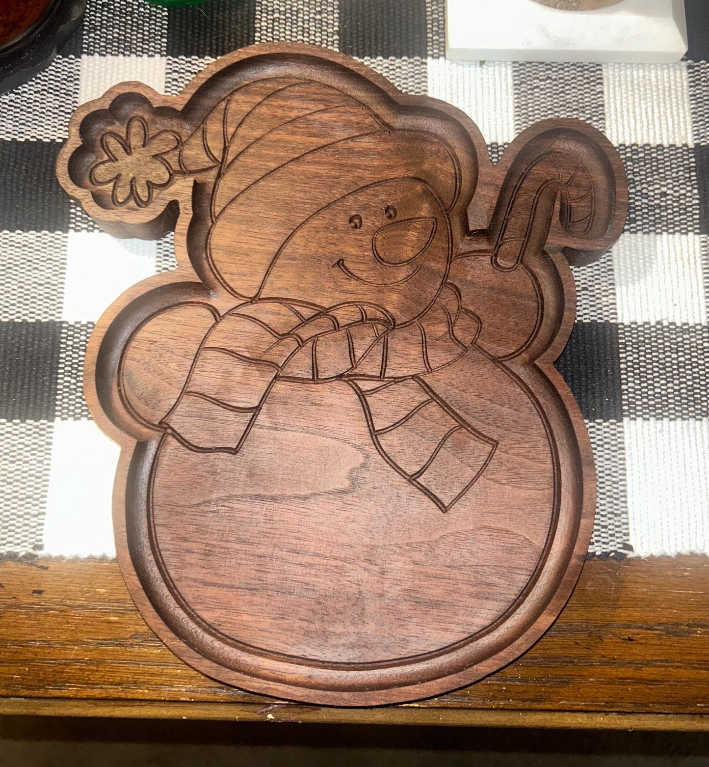 Decorative winter tray, centerpiece, gift, Christmas candy tray, timeless, handcrafted walnut  wood snowman catch all tray holiday organizer