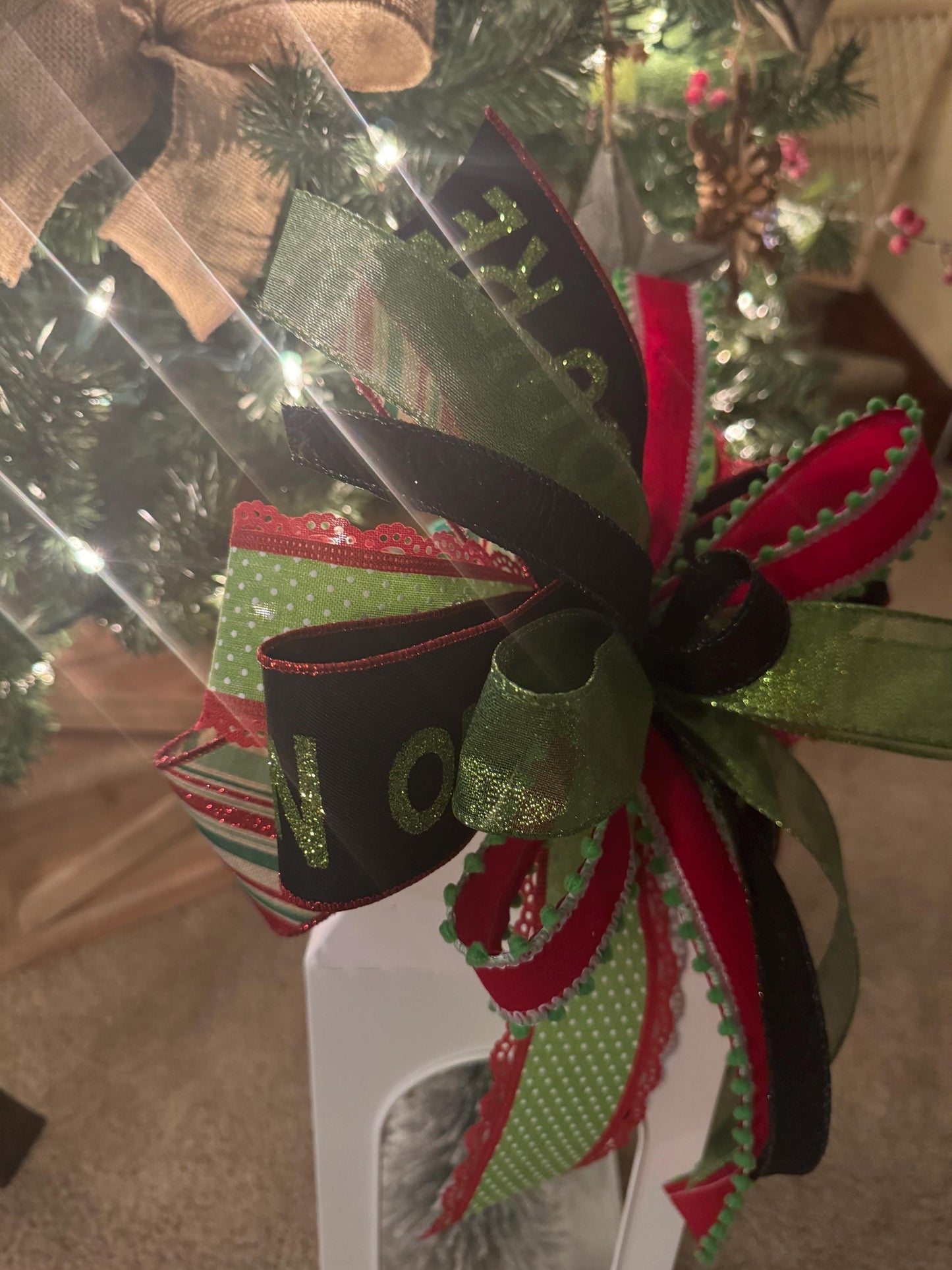 Green monster Bow, Your a mean one now, lime green and red theme Christmas, Traditional Christmas decor, Winter lantern bow, mantle bow