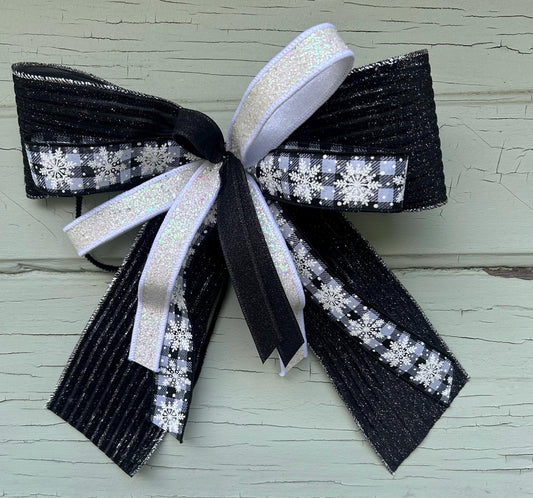 Black Velvet and Buffalo plaid Winter Bow with Snowflakes