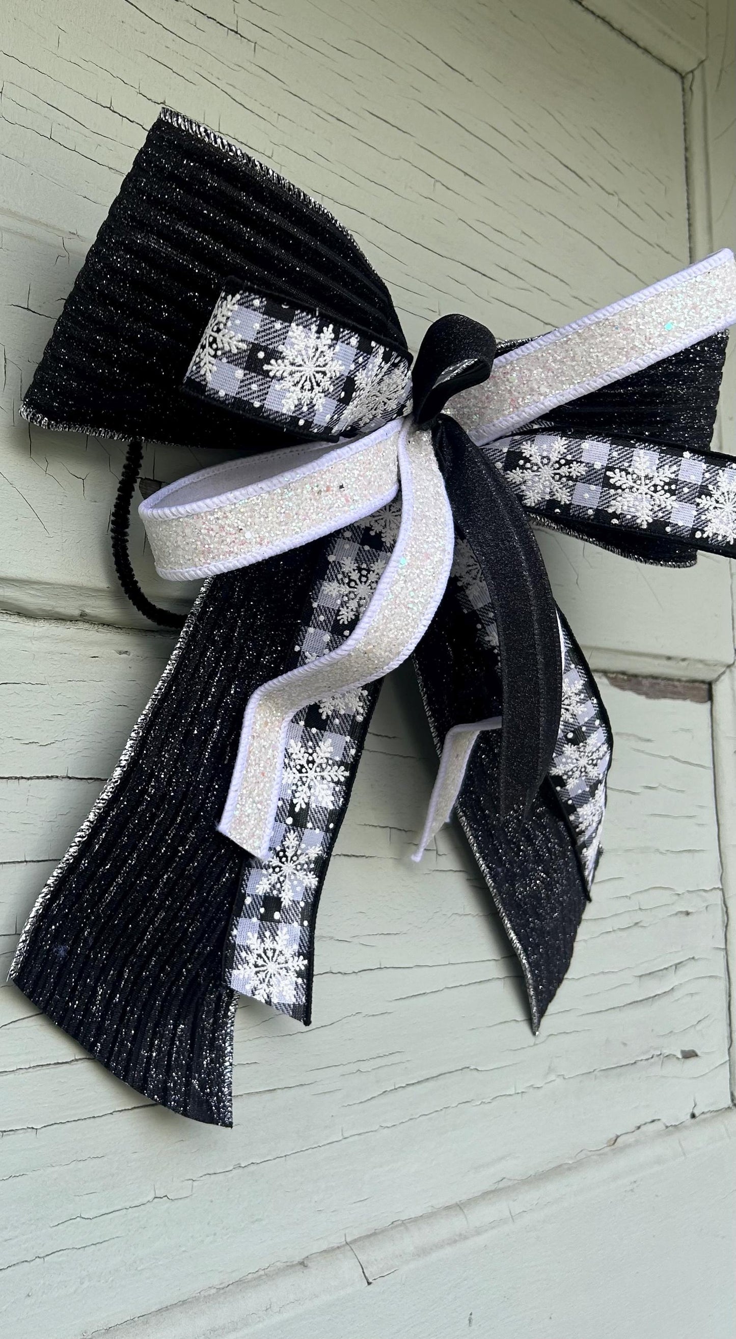Black Velvet and Buffalo plaid Winter Bow with Snowflakes