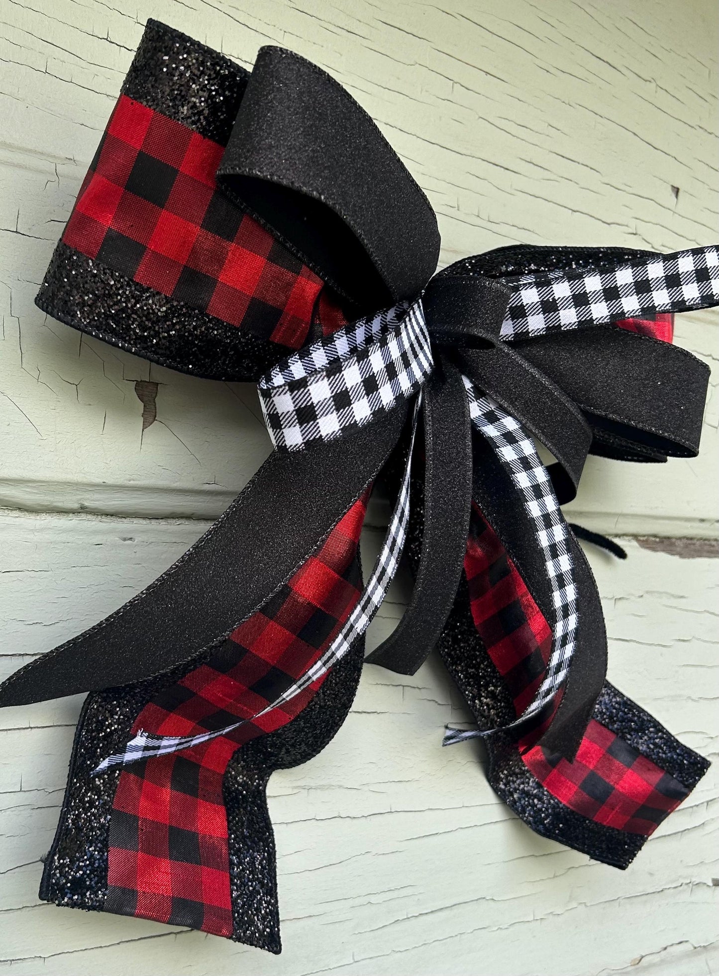 Red Buffalo Plaid and black glitter Bow, Winter Bow, Designer Ribbon Bow, Woodland Christmas Bow