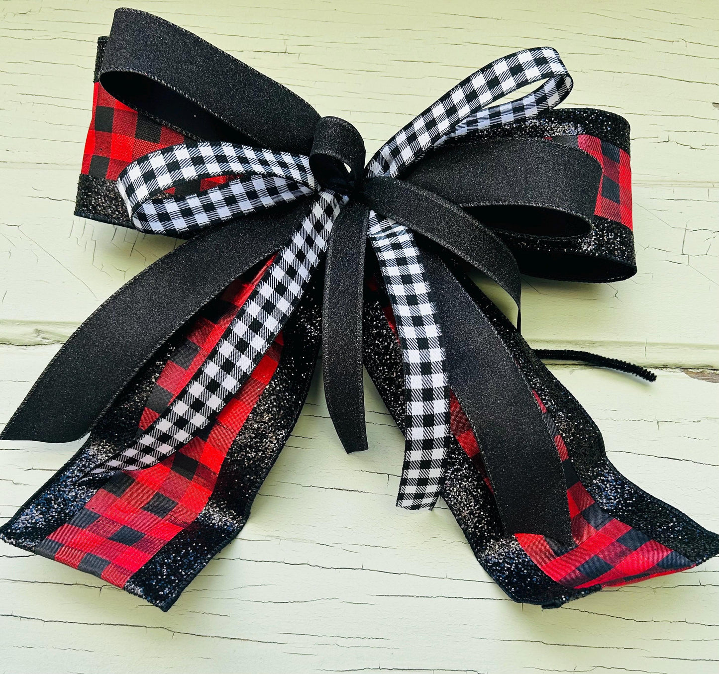 Red Buffalo Plaid and black glitter Bow, Winter Bow, Designer Ribbon Bow, Woodland Christmas Bow