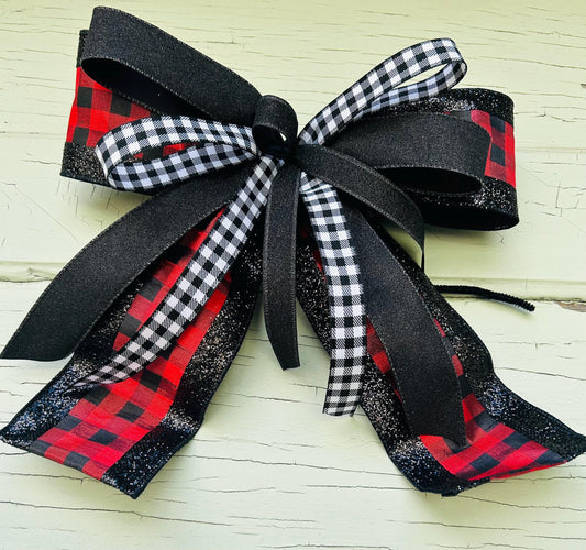 Red Buffalo Plaid and black glitter Bow, Winter Bow, Designer Ribbon Bow, Woodland Christmas Bow