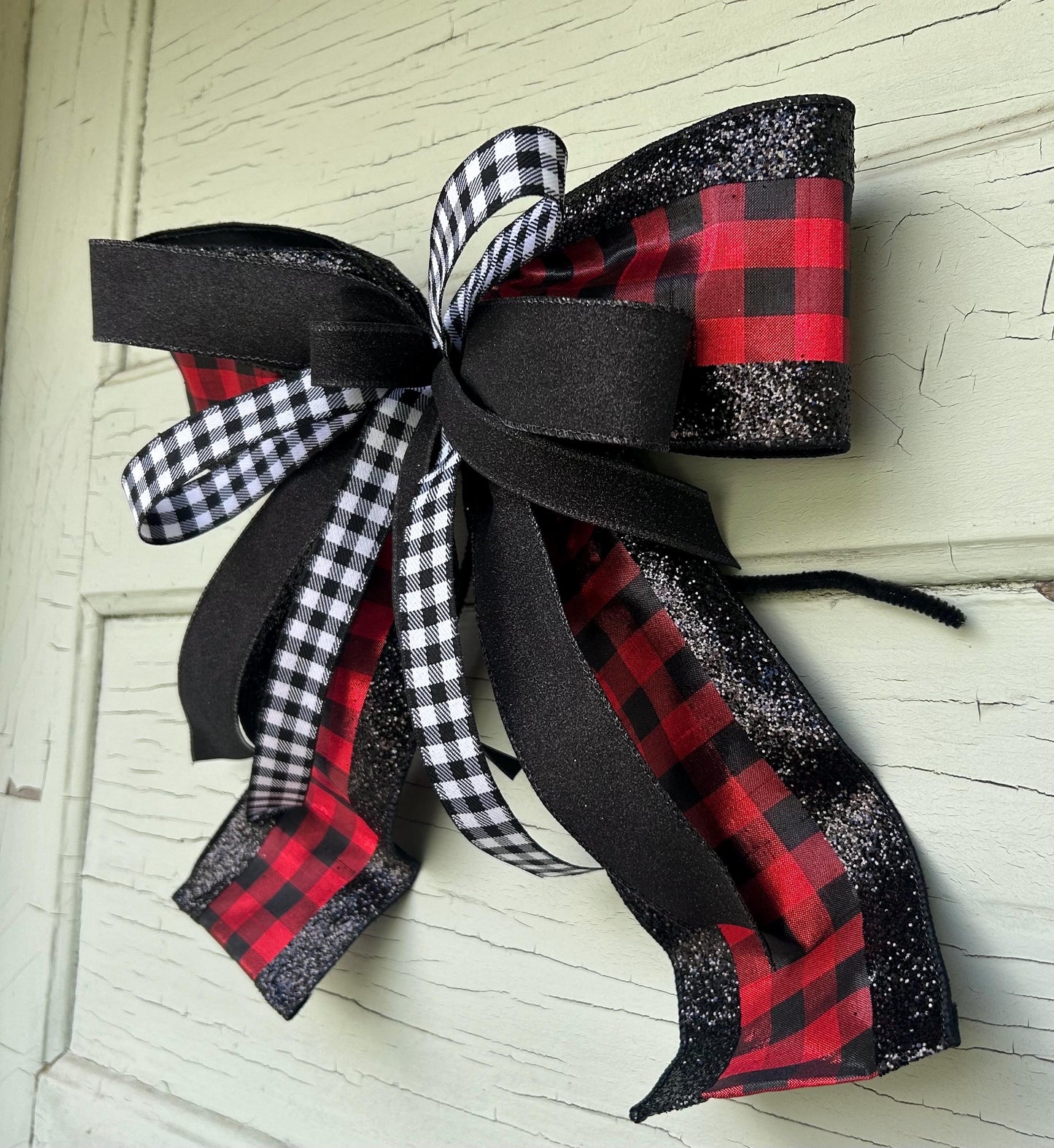 Red Buffalo Plaid and black glitter Bow, Winter Bow, Designer Ribbon Bow, Woodland Christmas Bow