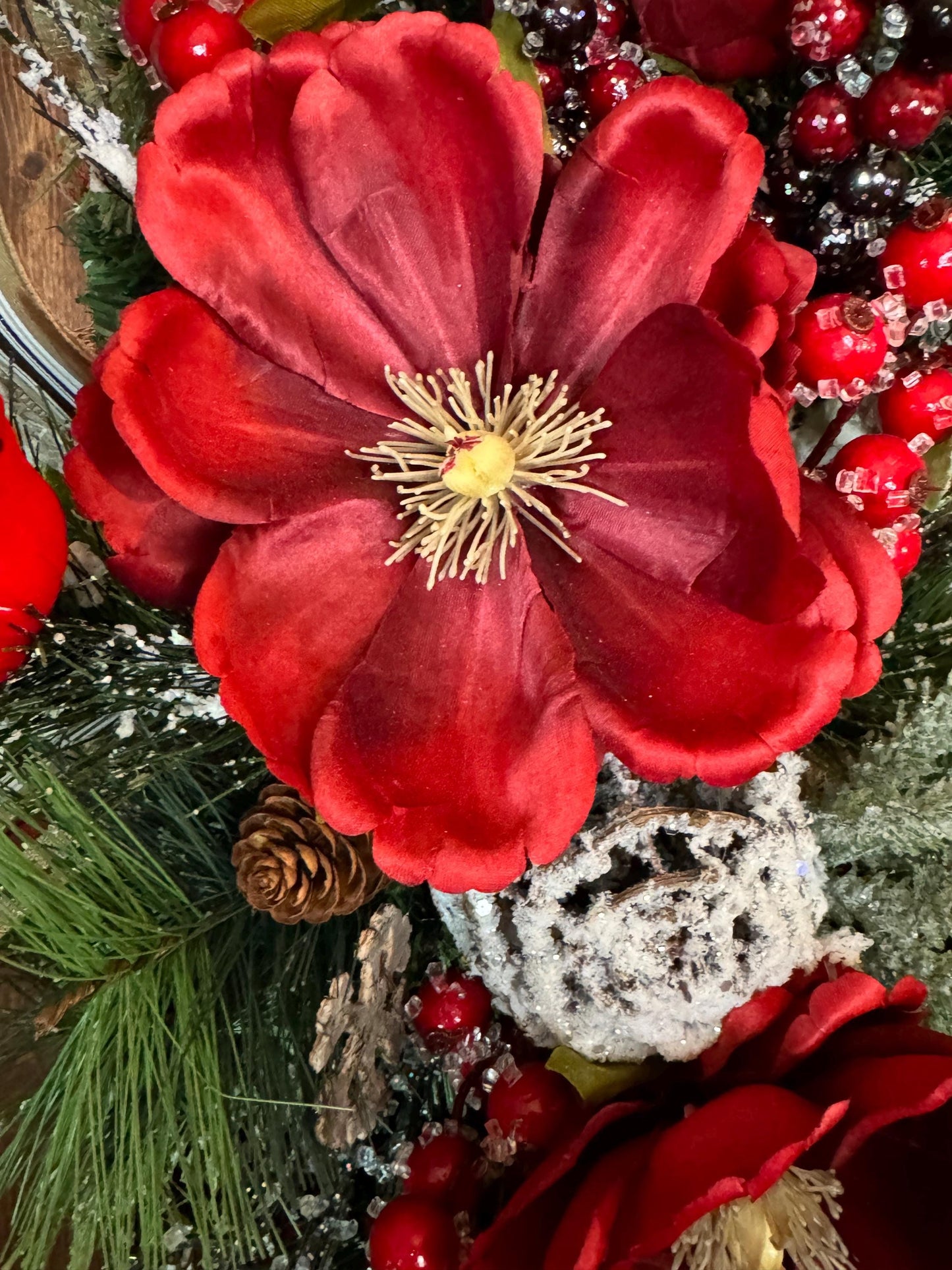 Cardinal Wreath with Berries and Magnolias, memory of loved one decor, floral Christmas wreath, red bird swag