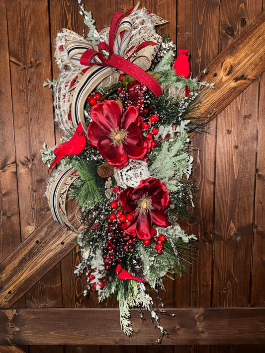 Cardinal Wreath with Berries and Magnolias, memory of loved one decor, floral Christmas wreath, red bird swag