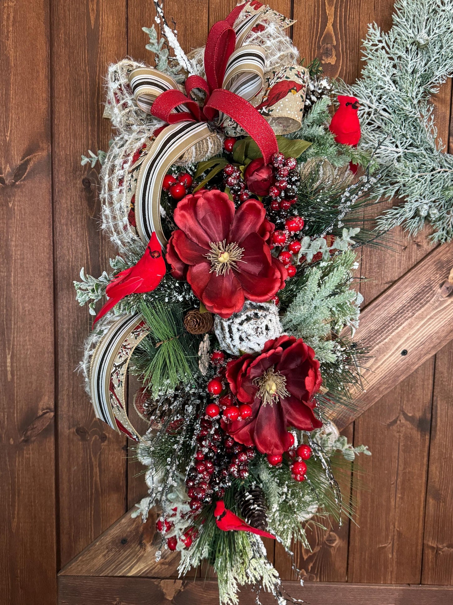 Cardinal Wreath with Berries and Magnolias, memory of loved one decor, floral Christmas wreath, red bird swag