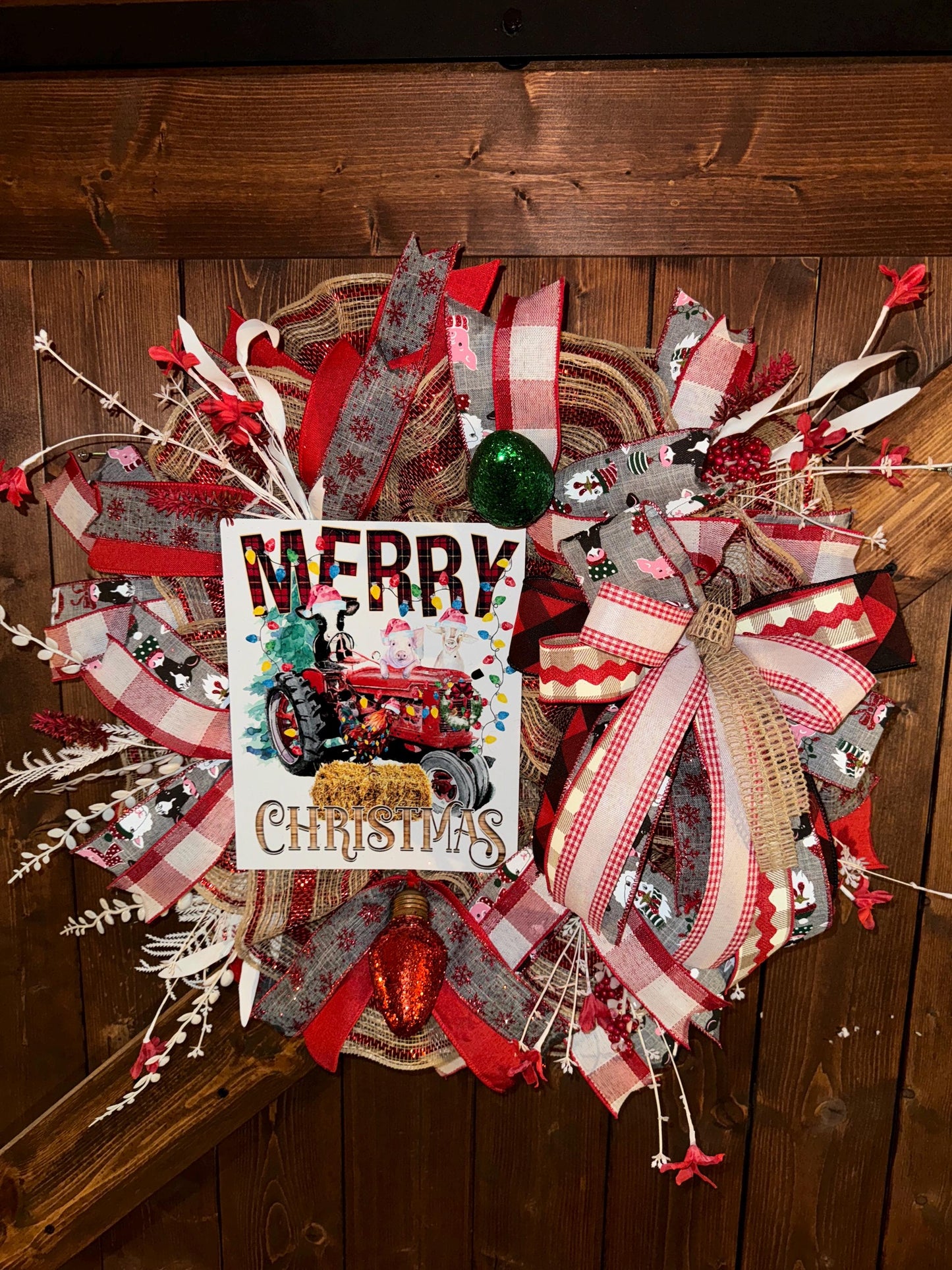 Rustic Farmhouse Christmas wreath, Farm animals Christmas wreath, Cow Pig and Goat wreath, Farm wreath, Country wreath, Slim wreath