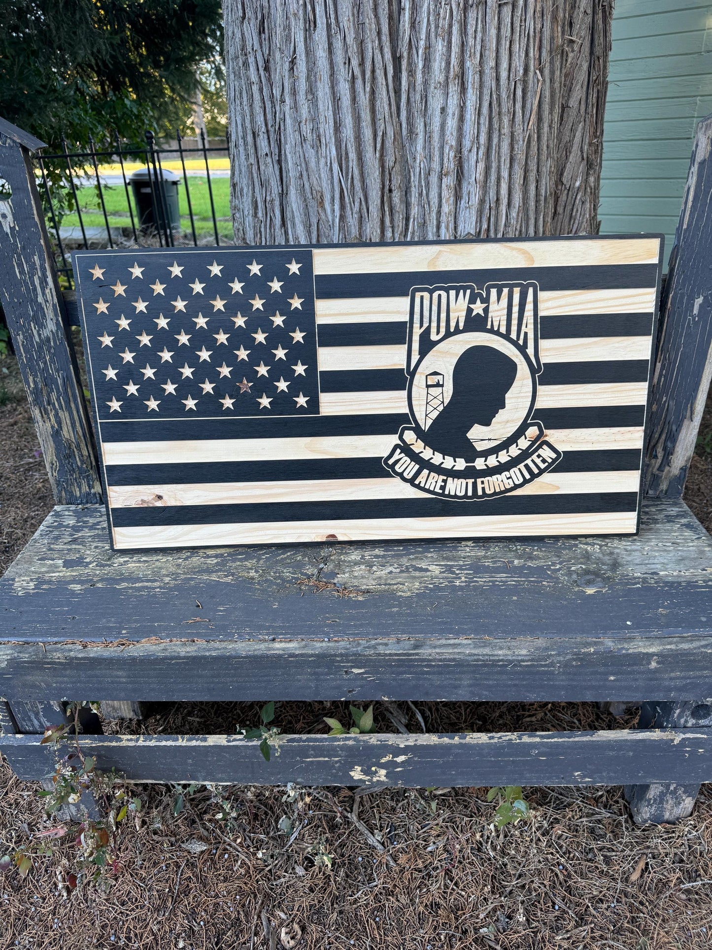 wooden flag, POW flag, patriotic wall art, gift for veteran, Flag home decor POW, veteran decor, memorial flag, not forgotten