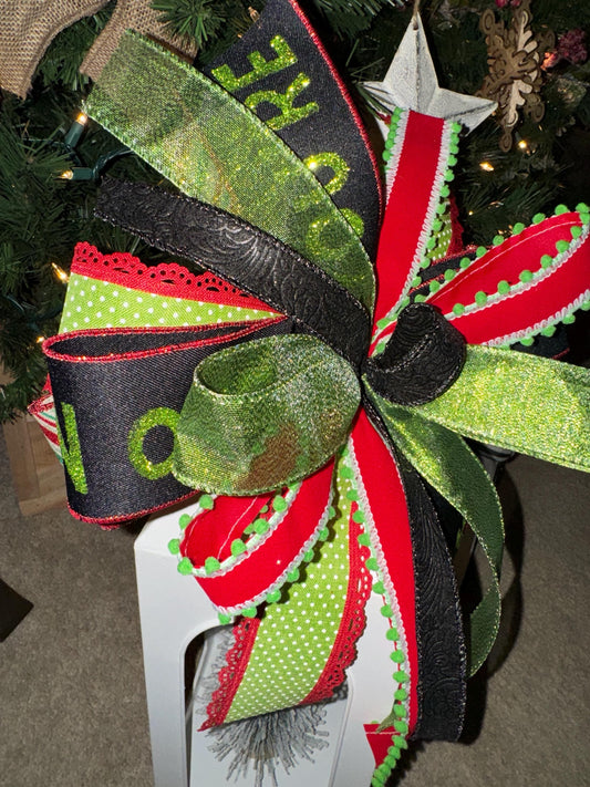 Green monster Bow, Your a mean one now, lime green and red theme Christmas, Traditional Christmas decor, Winter lantern bow, mantle bow