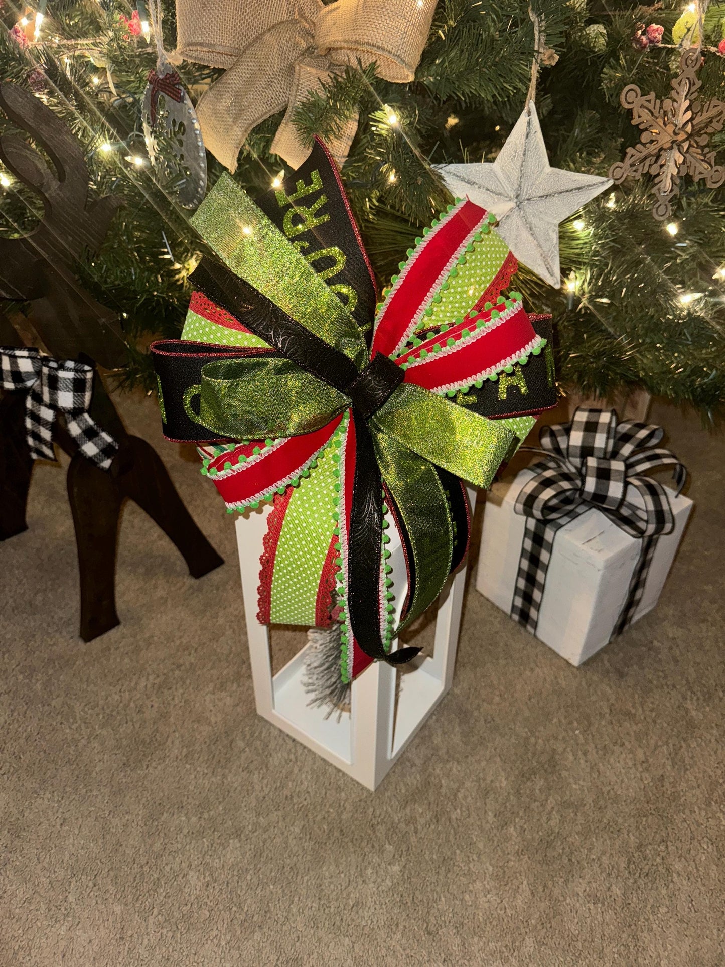 Green monster Bow, Your a mean one now, lime green and red theme Christmas, Traditional Christmas decor, Winter lantern bow, mantle bow
