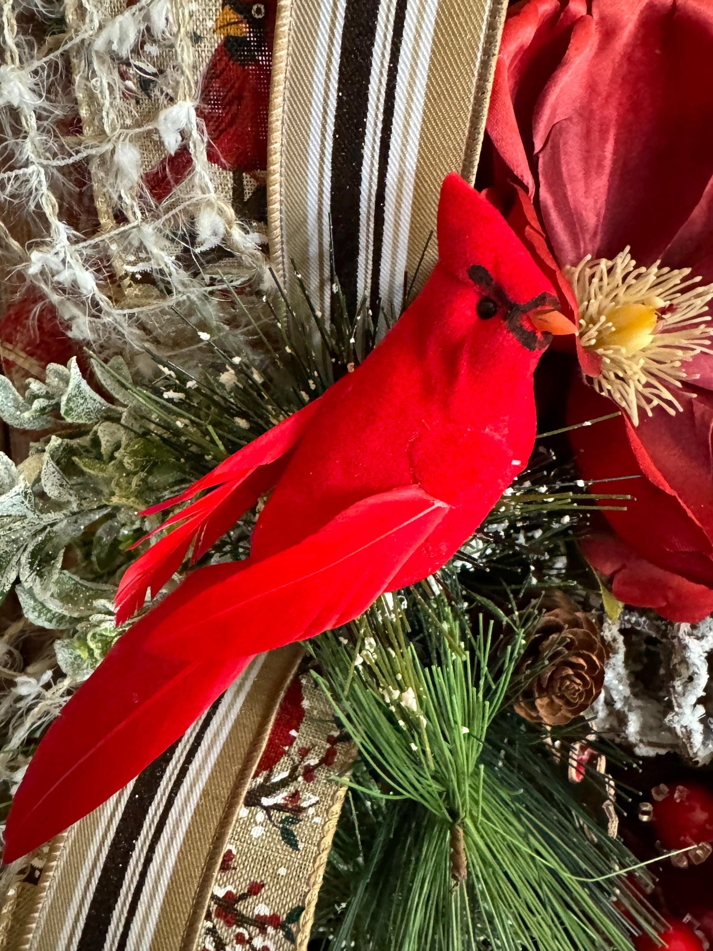Cardinal Wreath with Berries and Magnolias, memory of loved one decor, floral Christmas wreath, red bird swag