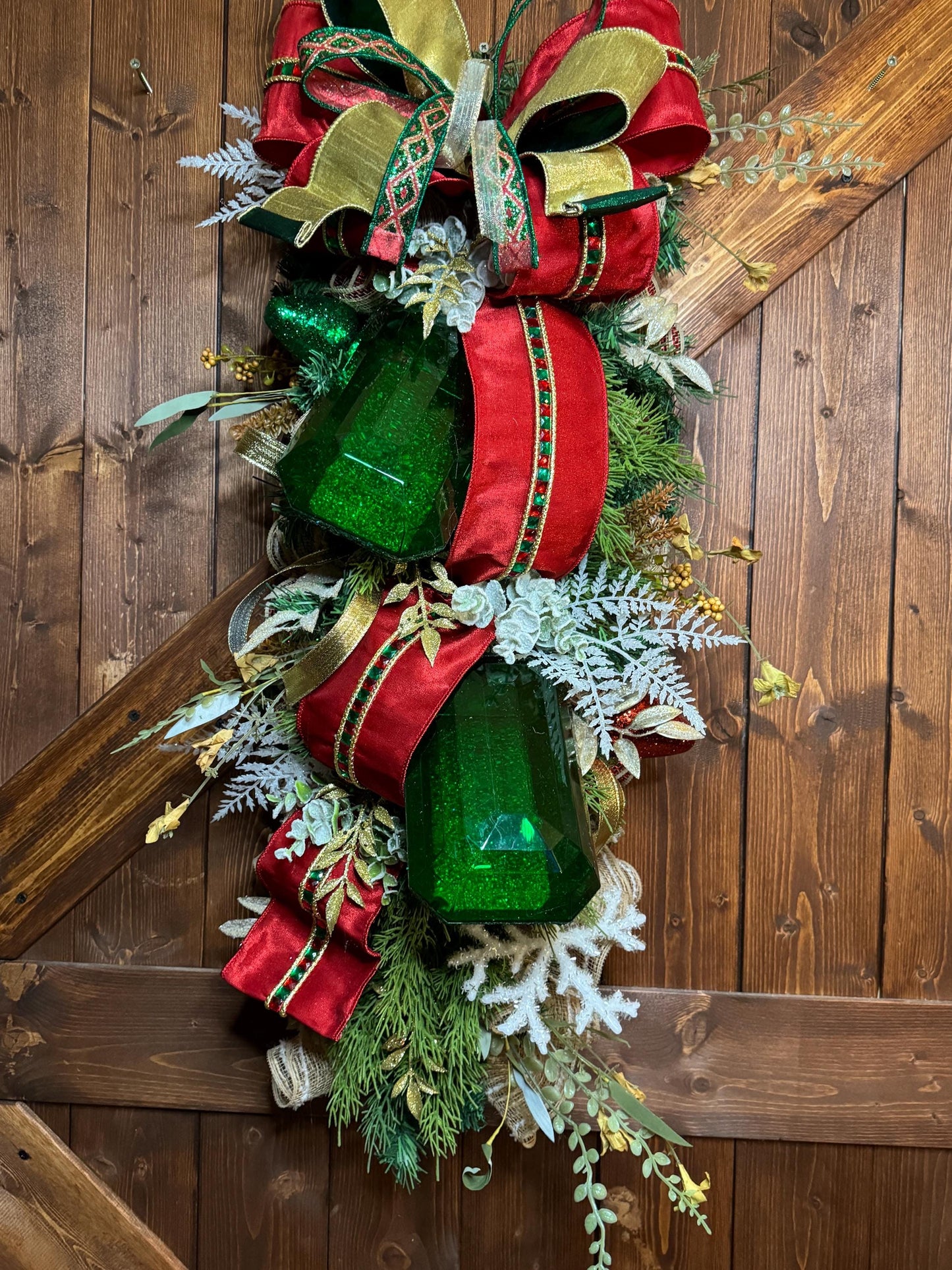 Winter Christmas Swag with Emarld Green Large Gems and jeweled Ribbon Elegant Long Christmas Swag with Jewels