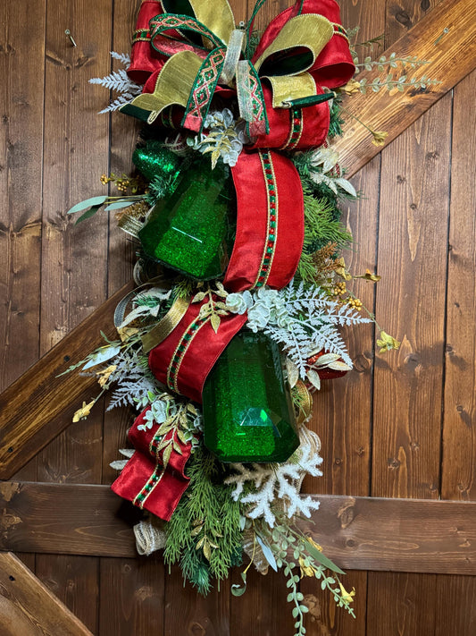 Winter Christmas Swag with Emarld Green Large Gems and jeweled Ribbon Elegant Long Christmas Swag with Jewels
