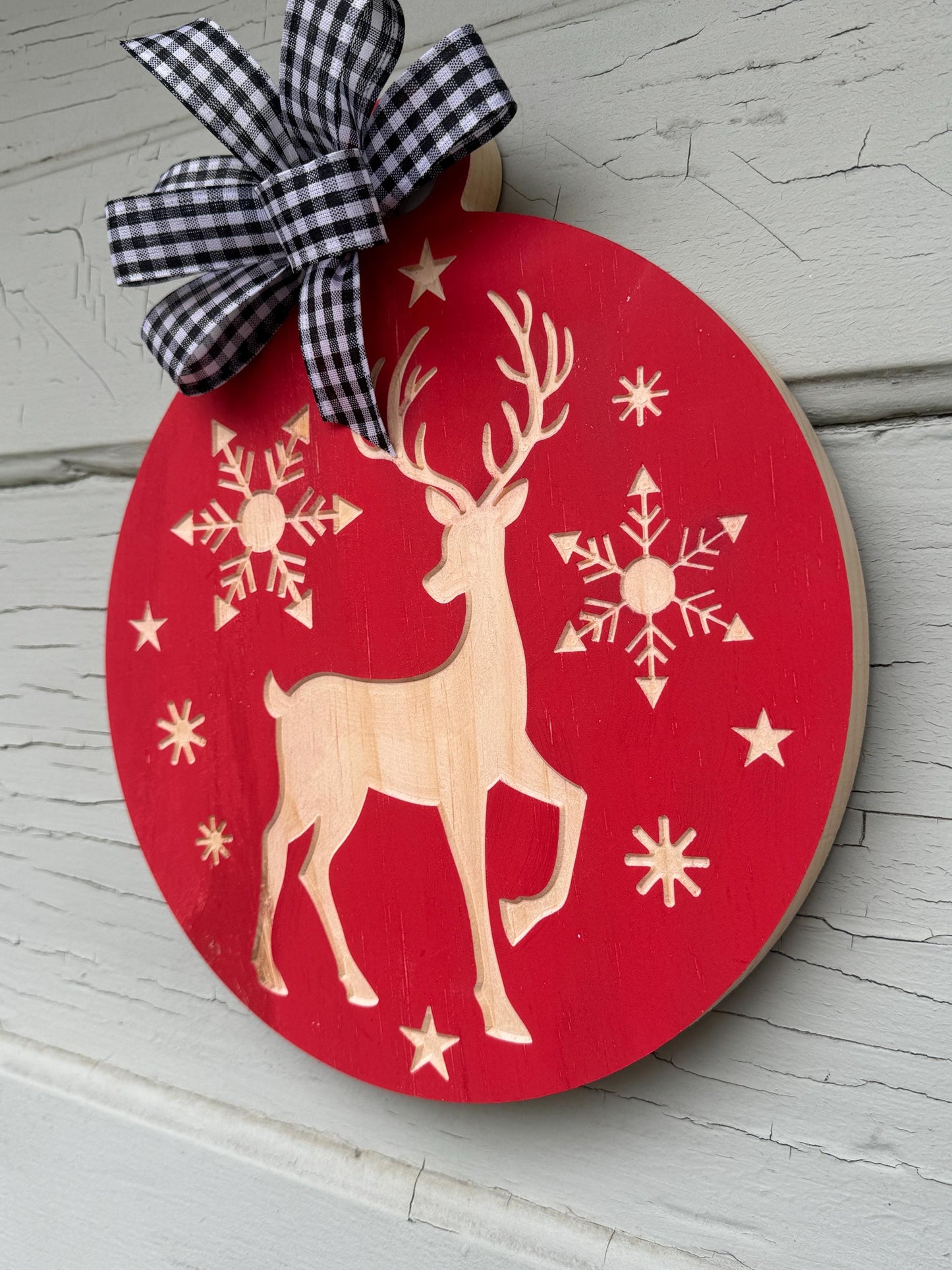 Winter Wood Ornament with Reindeer Snowflakes and Buffalo plaid bow, Reindeer door hanger, Winter wonderland door decor, Engraved Reindeer