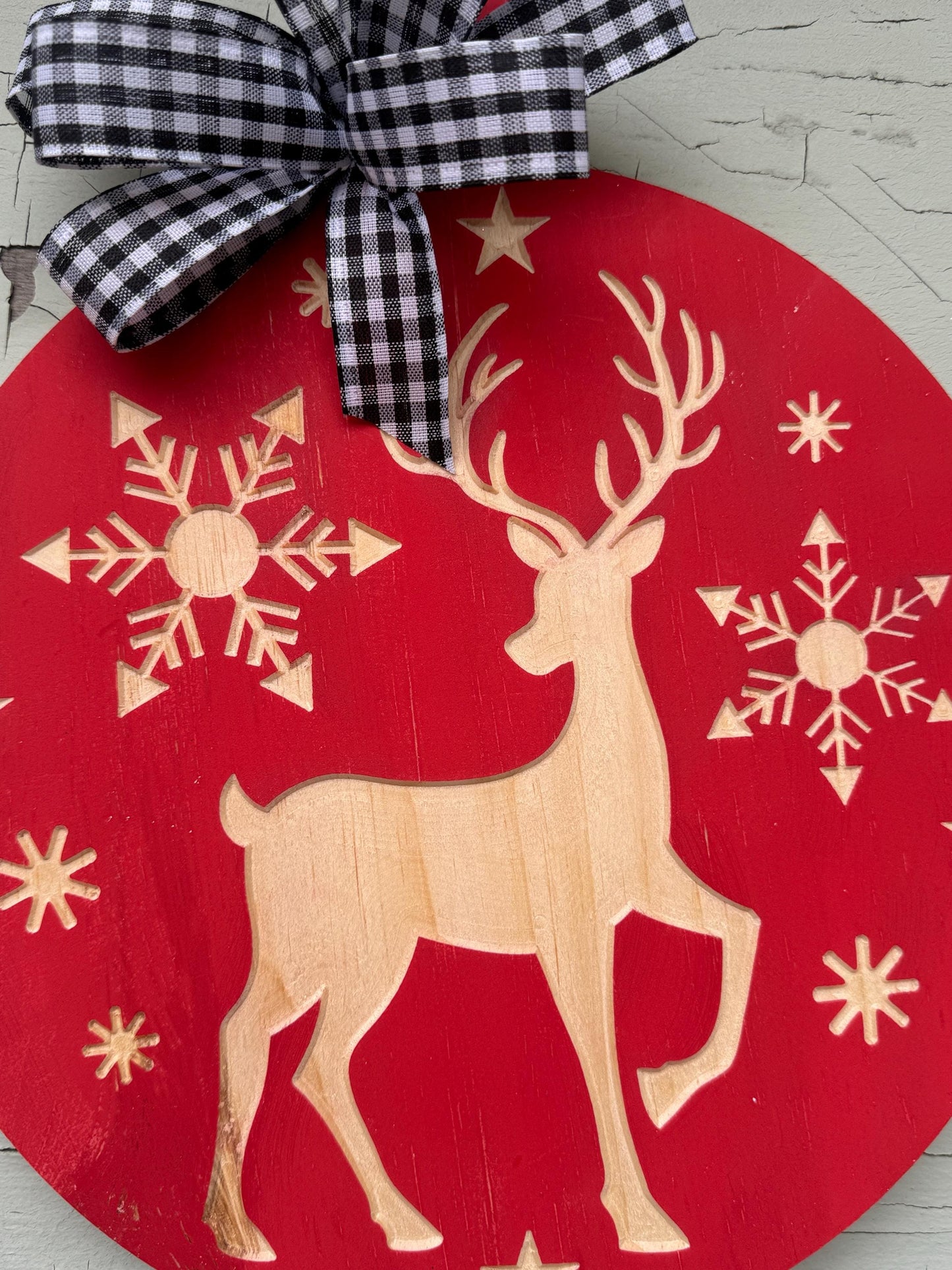 Winter Wood Ornament with Reindeer Snowflakes and Buffalo plaid bow, Reindeer door hanger, Winter wonderland door decor, Engraved Reindeer