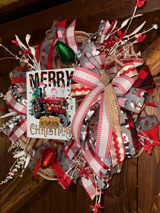 Rustic Farmhouse Christmas wreath, Farm animals Christmas wreath, Cow Pig and Goat wreath, Farm wreath, Country wreath, Slim wreath