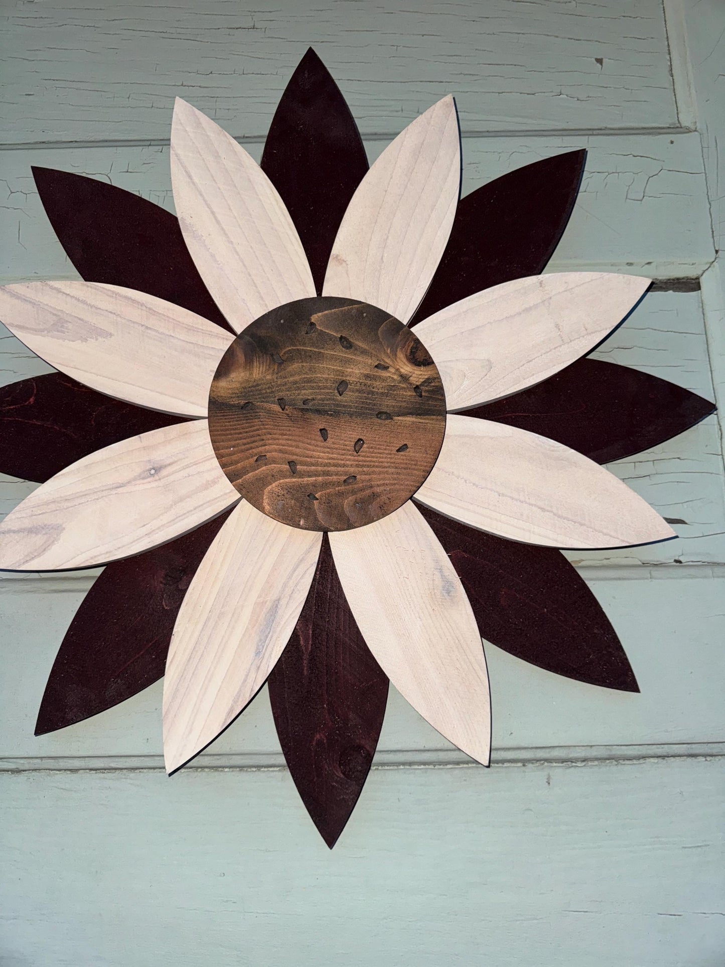 Wooden Flower for Wall decor or outside decor, Natural look wood finish flower with stained petals, Farmhouse Flower, Front porch Decor