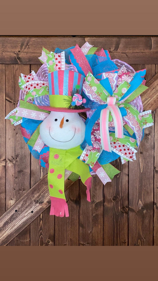 Snowman Wreath with Bright colors, Flat Wreath for between doors, Bright colored Snowman Wreath, Winter wall decor, Fun Snowman Wreath