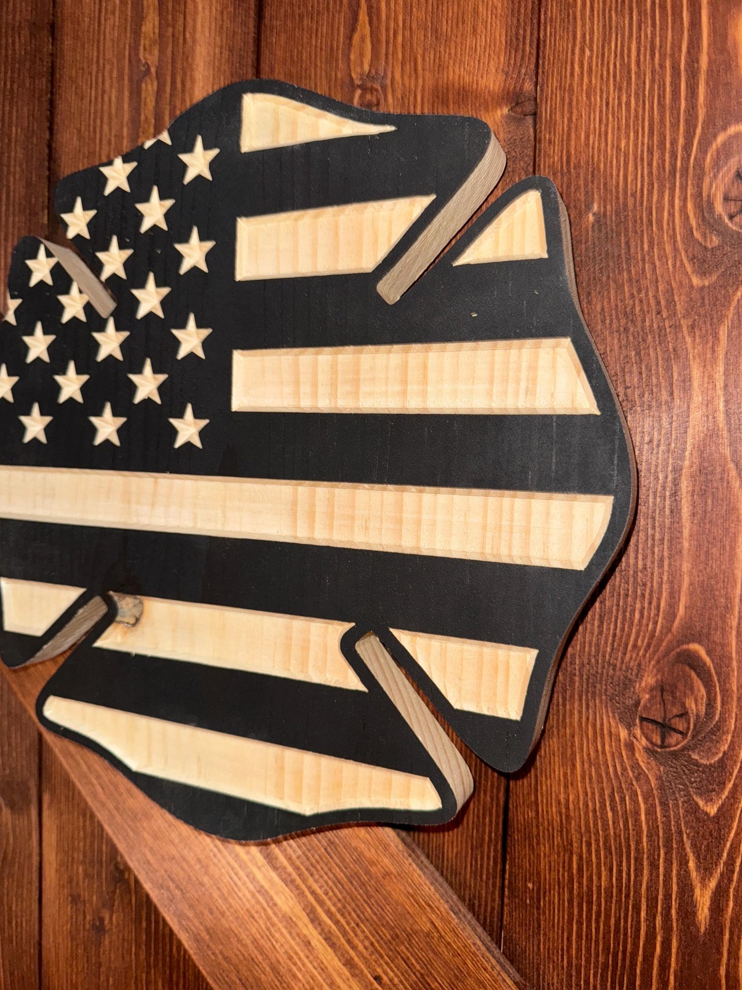 Wooden Maltese Cross American Flag Sign – Firefighter Wall Décor, Patriotic Rustic Home Décor