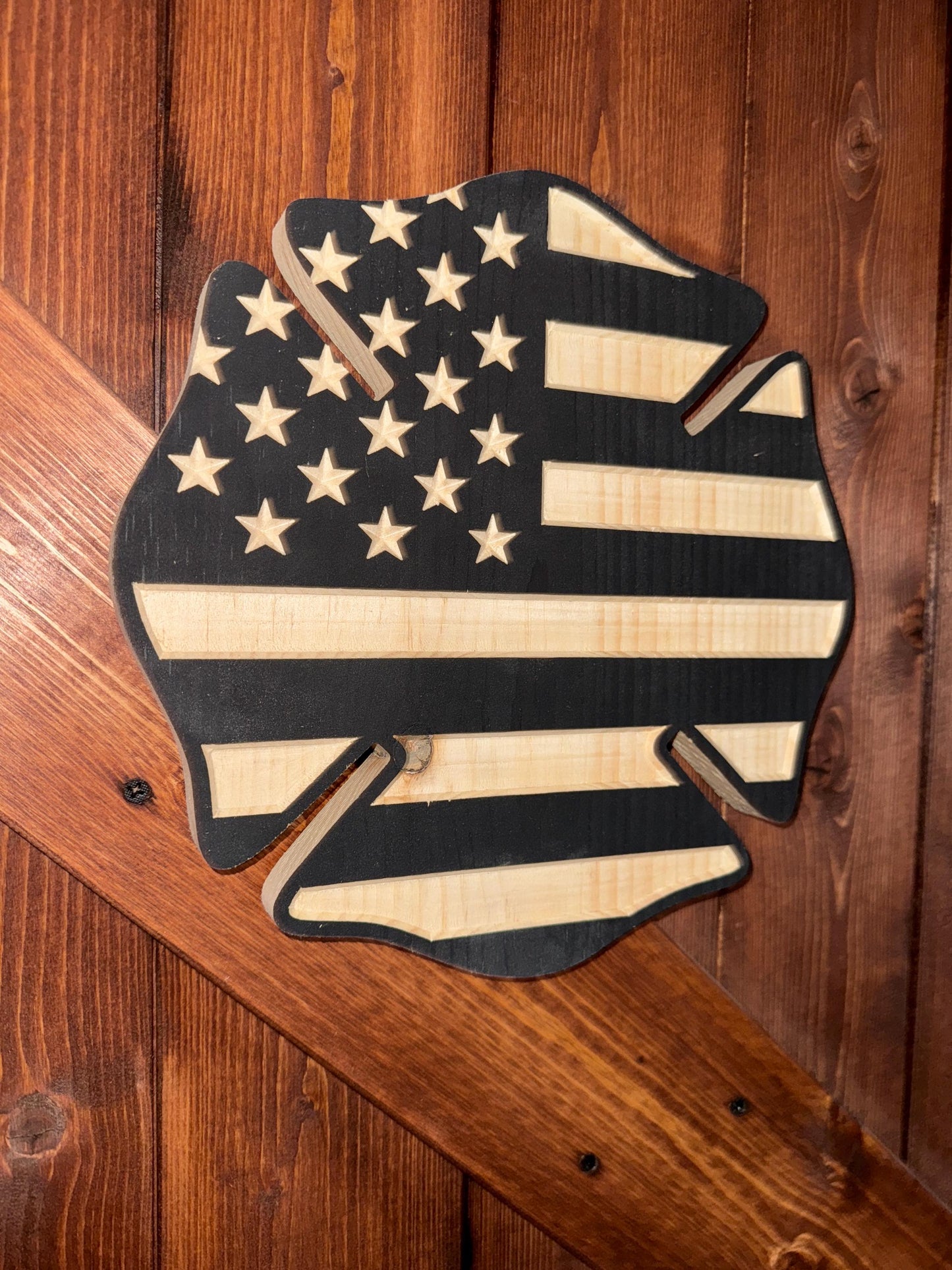 Wooden Maltese Cross American Flag Sign – Firefighter Wall Décor, Patriotic Rustic Home Décor