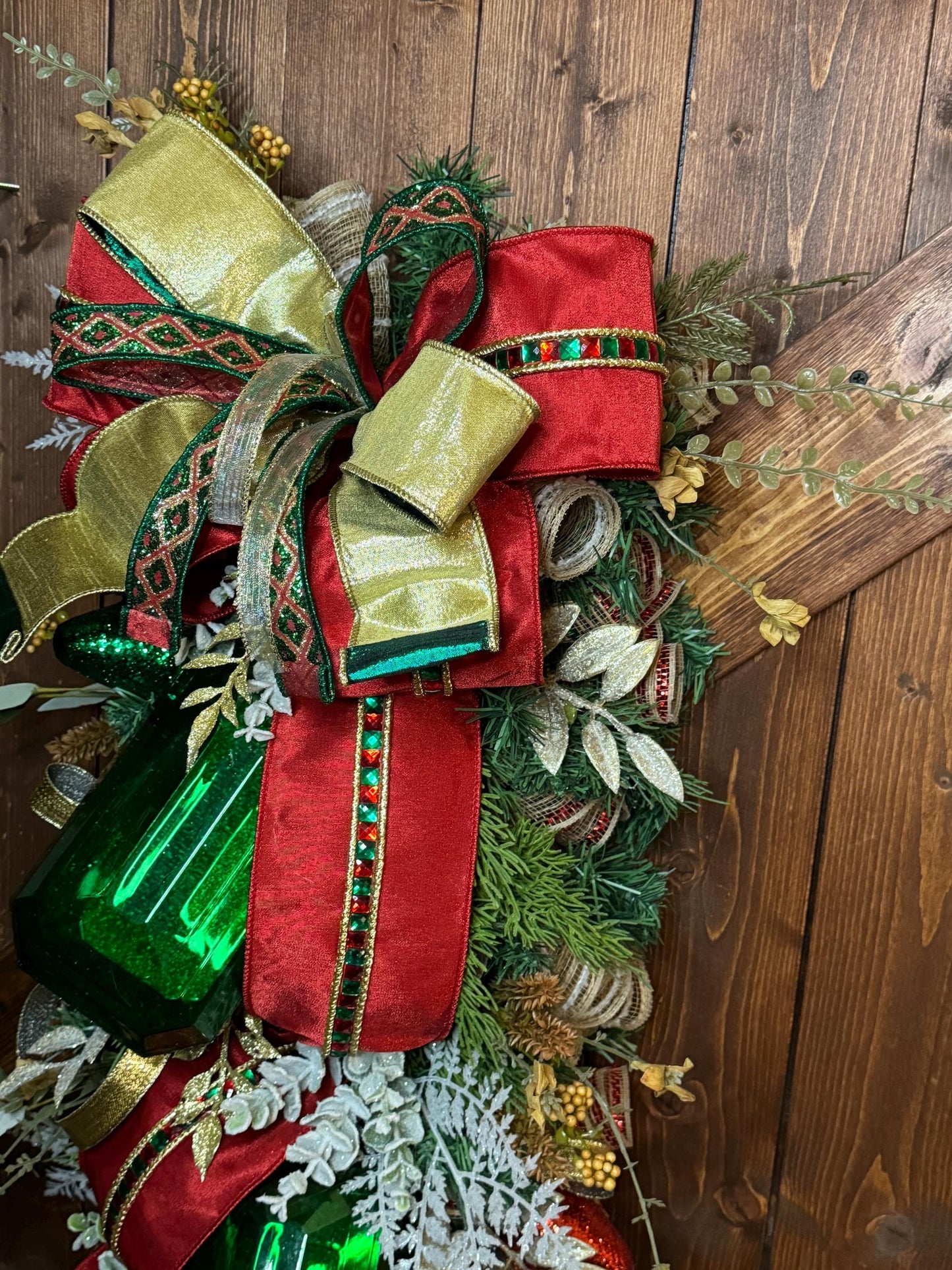 Winter Christmas Swag with Emarld Green Large Gems and jeweled Ribbon Elegant Long Christmas Swag with Jewels