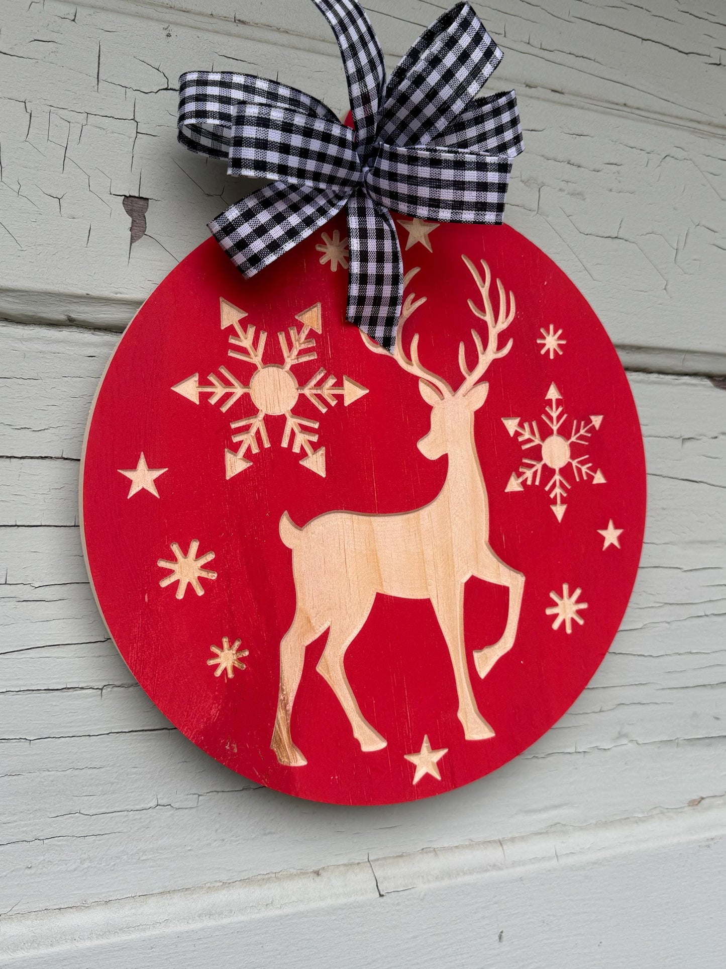 Winter Wood Ornament with Reindeer Snowflakes and Buffalo plaid bow, Reindeer door hanger, Winter wonderland door decor, Engraved Reindeer