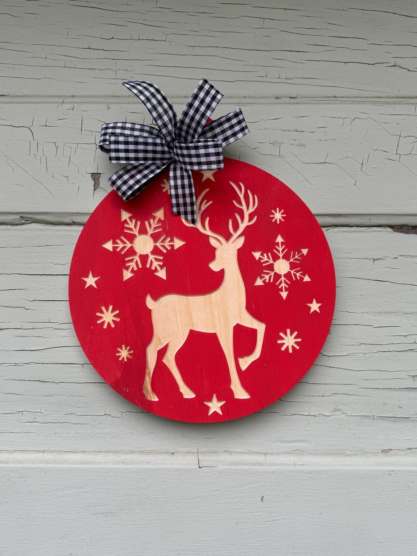Winter Wood Ornament with Reindeer Snowflakes and Buffalo plaid bow, Reindeer door hanger, Winter wonderland door decor, Engraved Reindeer