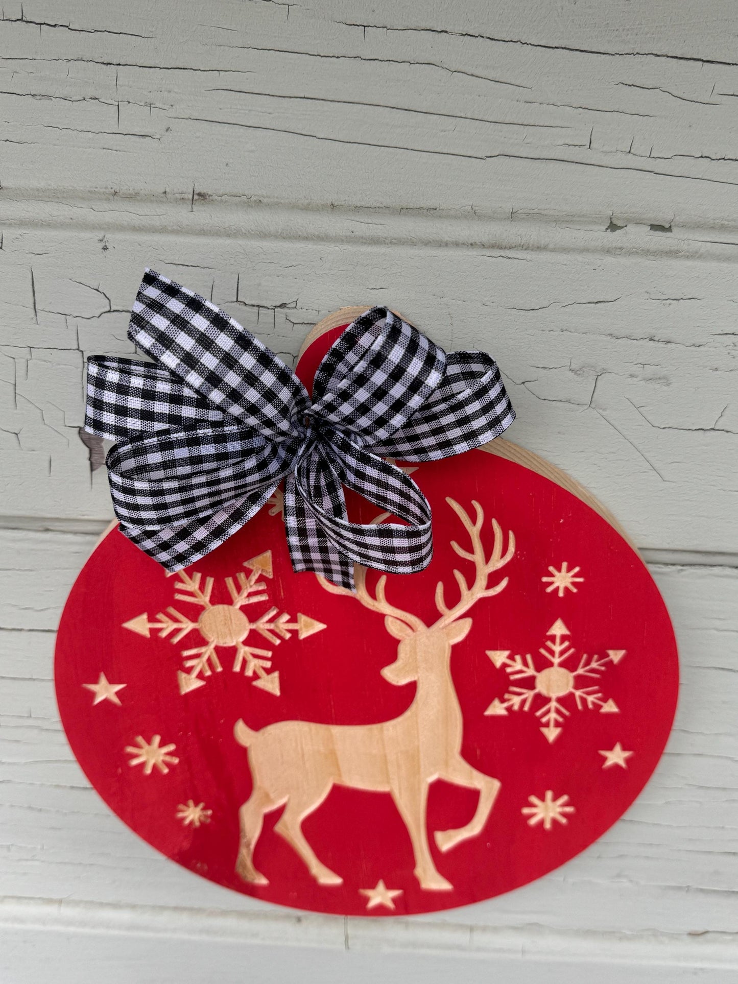 Winter Wood Ornament with Reindeer Snowflakes and Buffalo plaid bow, Reindeer door hanger, Winter wonderland door decor, Engraved Reindeer