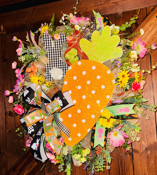 Easter Spring Carrot Rabbit Wreath, Carrot Gingham Bunny Wreath, Spring Floral Wreath, Fsrmhouse Easter Wreath, country Easter Wreath