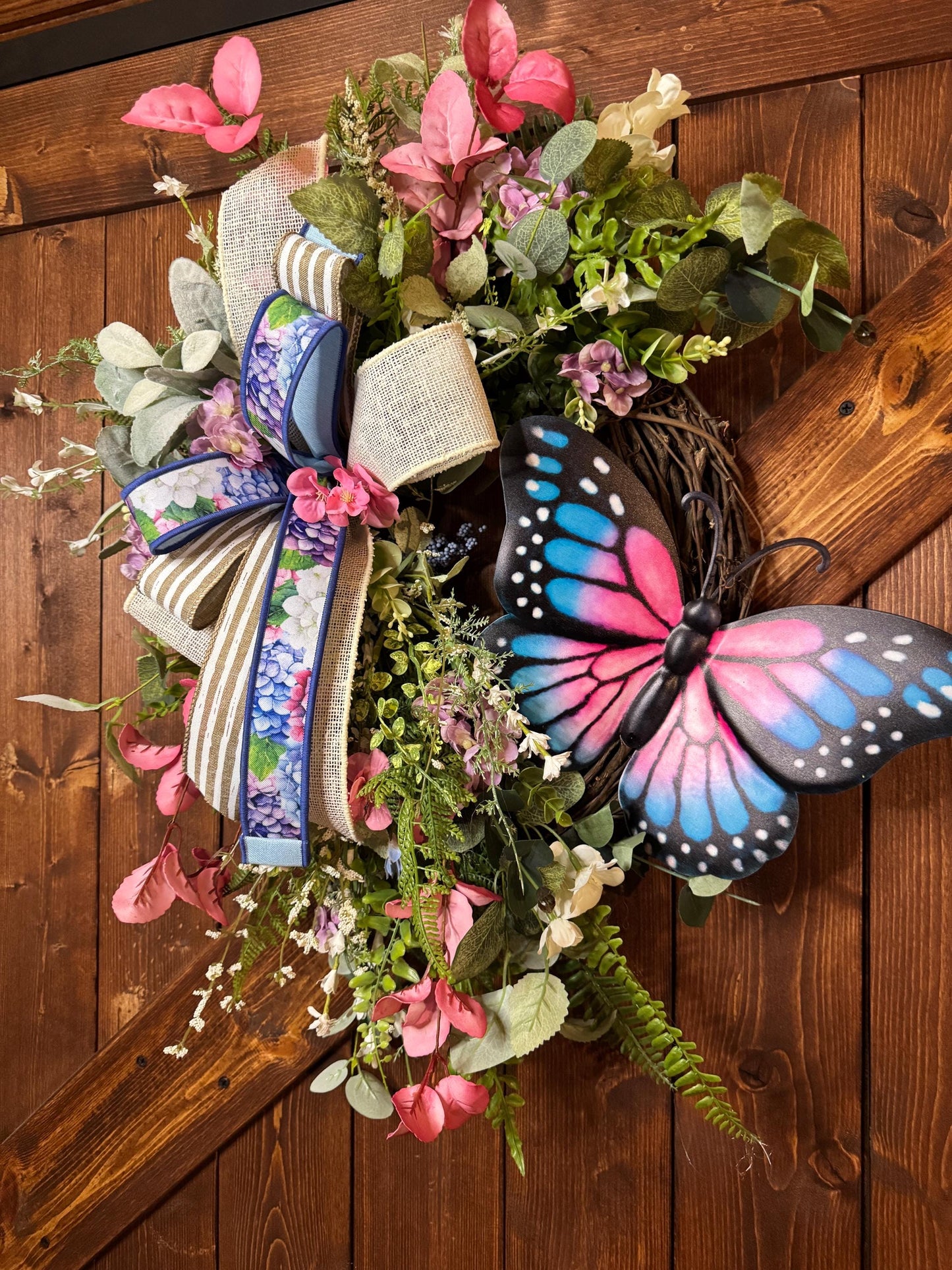 Summer Butterfly Floral Grapevine Hydrangea Ribbon Grapevine Front Door Spring Summer Wreath Wall Decor Pink & Purple Wreath Butterfly decor