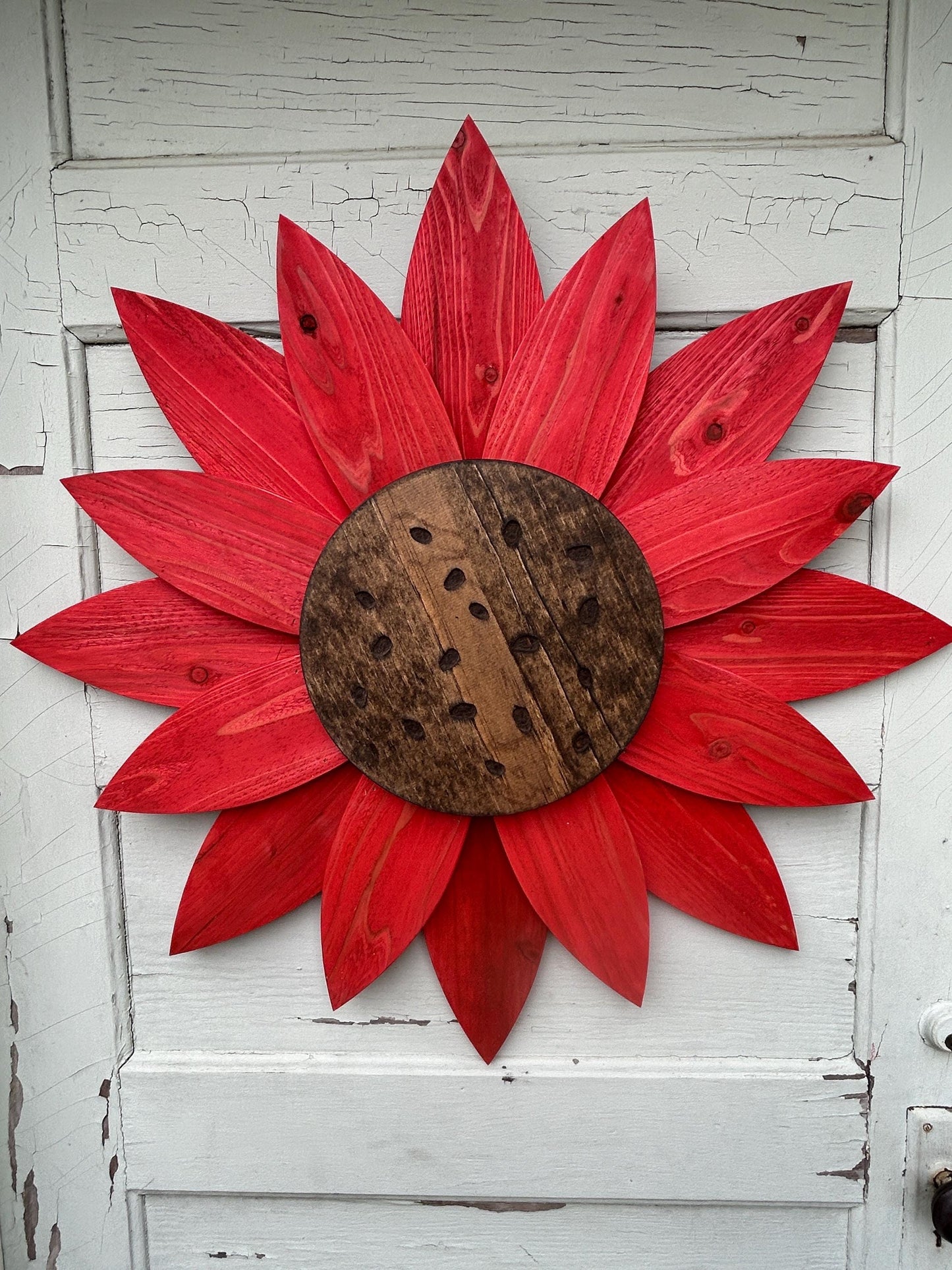 BIG wooden sunflower 28" by 28” Wooden Flower Wall Hanger for Fence or Doors, Sunflower wood sign for inside and outside Yellow Red Blue