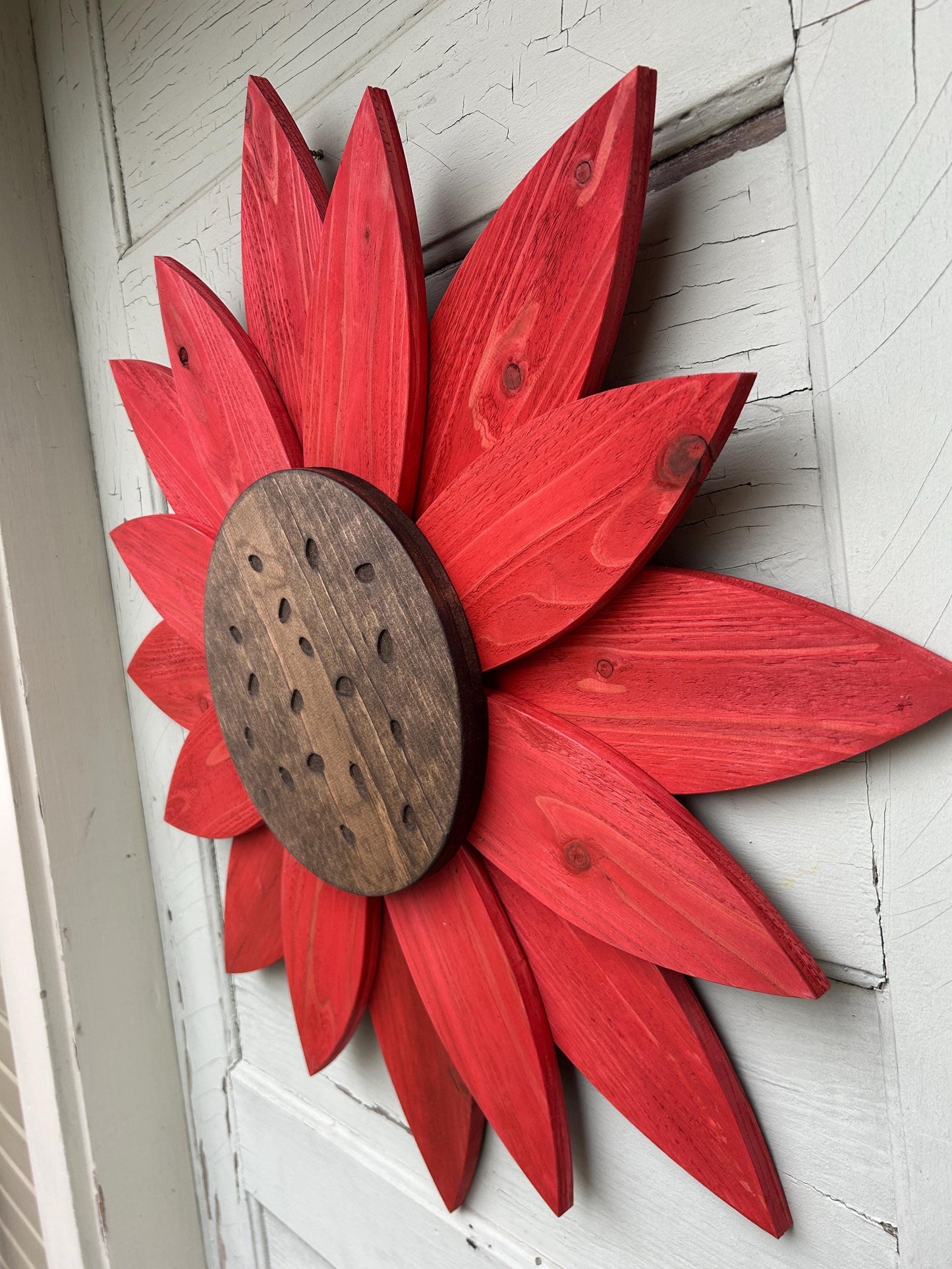 BIG wooden sunflower 28" by 28” Wooden Flower Wall Hanger for Fence or Doors, Sunflower wood sign for inside and outside Yellow Red Blue