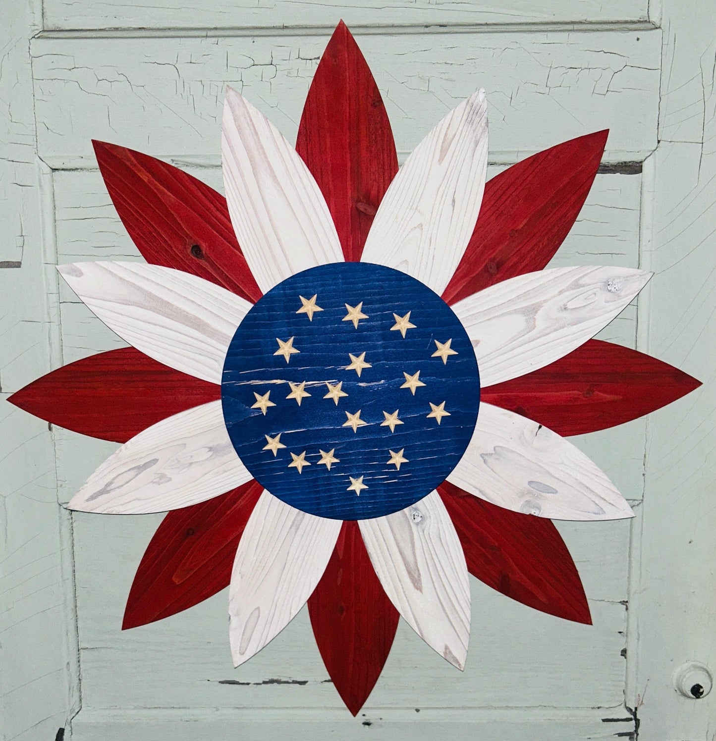 Patriotic Flower Wooden Rustic Farmhouse Flower Memorial Flower American Flag Door Hanger Flower for Veteran 4th of July Decor Porch Flower