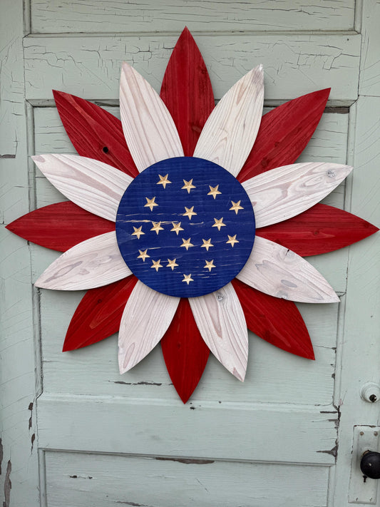Patriotic Flower Wooden Rustic Farmhouse Flower Memorial Flower American Flag Door Hanger Flower for Veteran 4th of July Decor Porch Flower