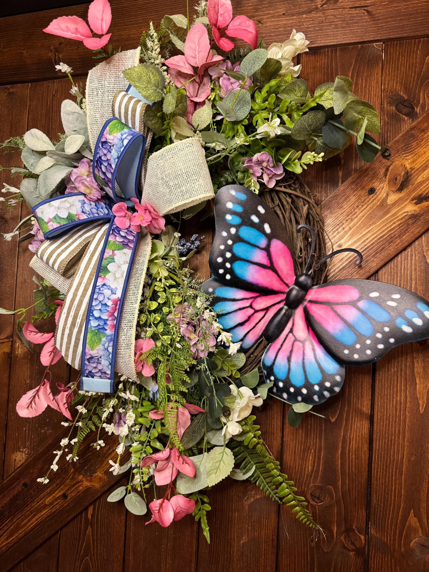 Summer Butterfly Floral Grapevine Hydrangea Ribbon Grapevine Front Door Spring Summer Wreath Wall Decor Pink & Purple Wreath Butterfly decor