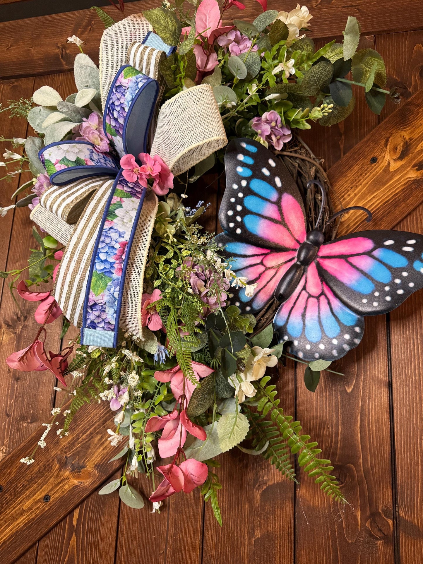 Summer Butterfly Floral Grapevine Hydrangea Ribbon Grapevine Front Door Spring Summer Wreath Wall Decor Pink & Purple Wreath Butterfly decor