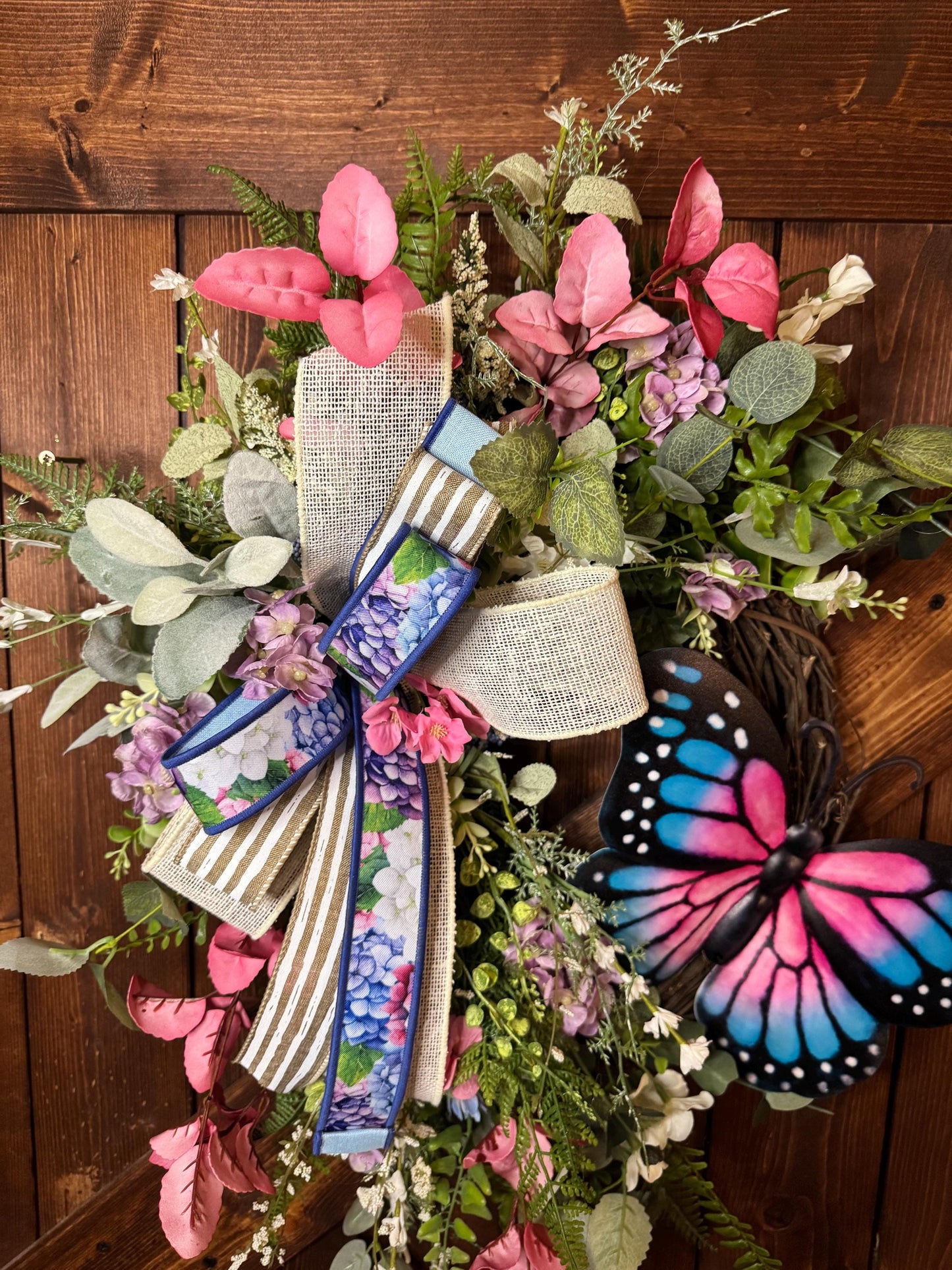 Summer Butterfly Floral Grapevine Hydrangea Ribbon Grapevine Front Door Spring Summer Wreath Wall Decor Pink & Purple Wreath Butterfly decor
