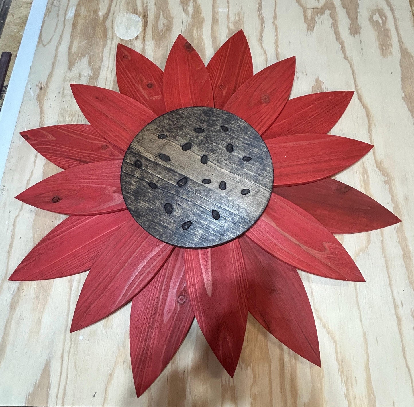 BIG wooden sunflower 28" by 28” Wooden Flower Wall Hanger for Fence or Doors, Sunflower wood sign for inside and outside Yellow Red Blue