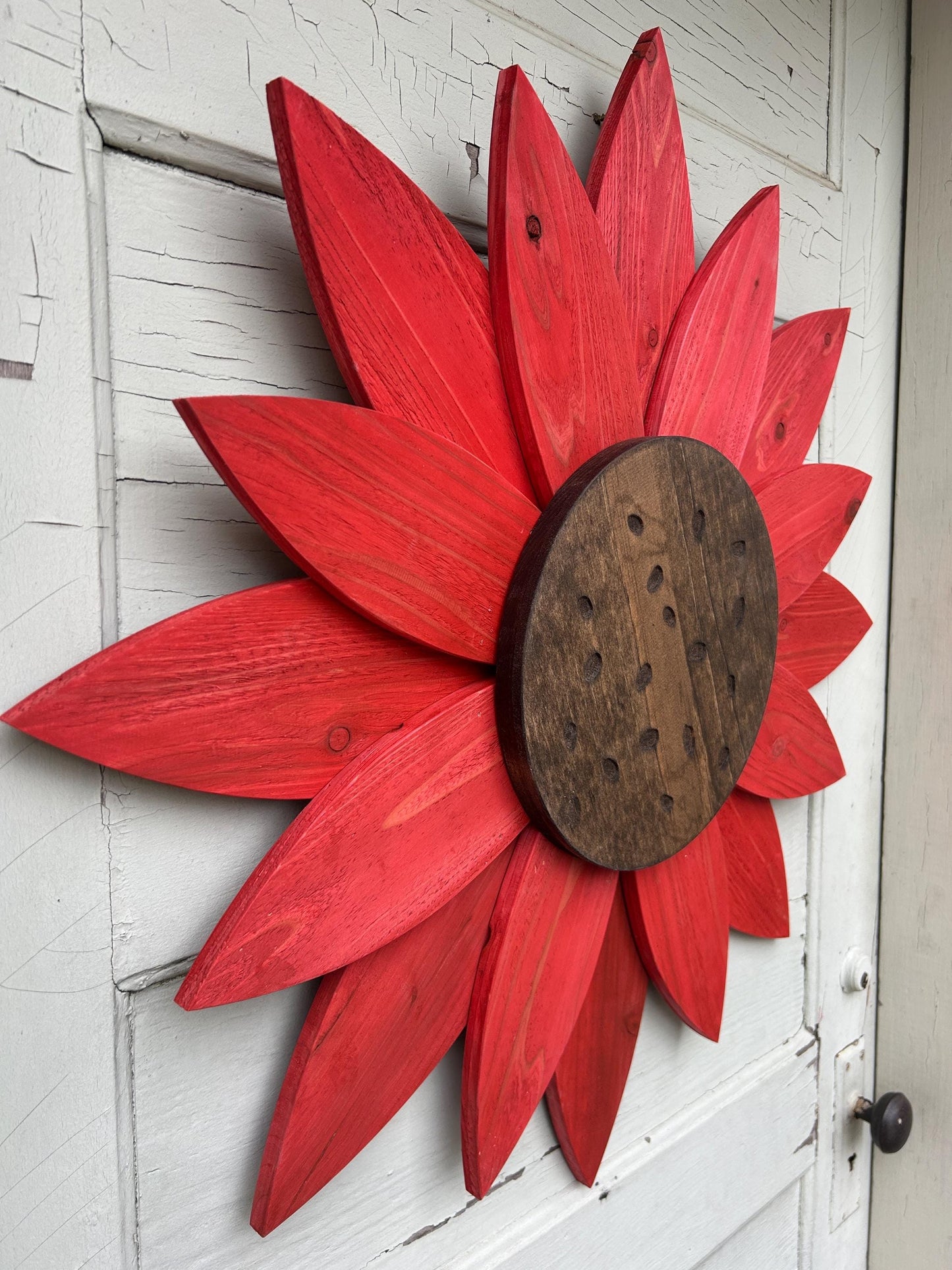 BIG wooden sunflower 28" by 28” Wooden Flower Wall Hanger for Fence or Doors, Sunflower wood sign for inside and outside Yellow Red Blue