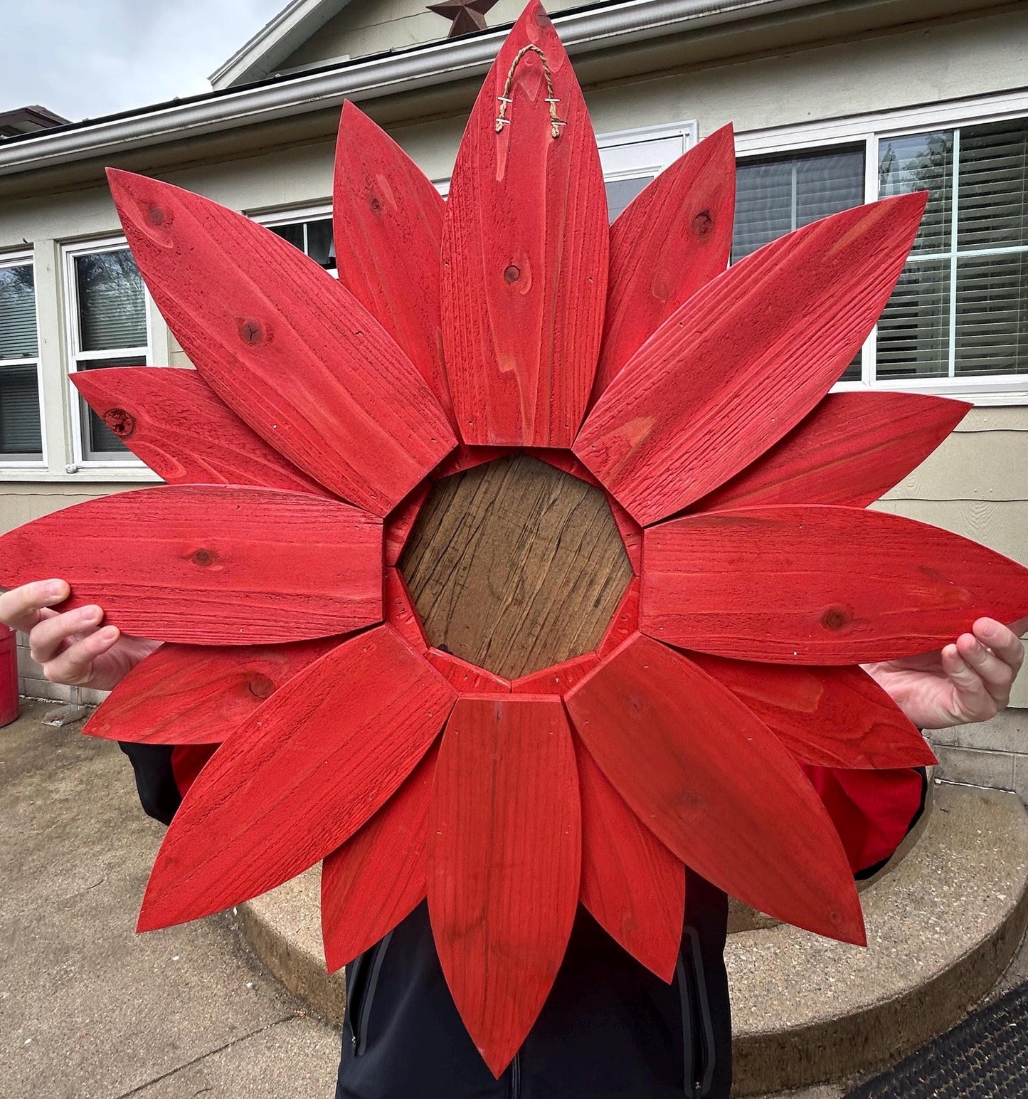 BIG wooden sunflower 28" by 28” Wooden Flower Wall Hanger for Fence or Doors, Sunflower wood sign for inside and outside Yellow Red Blue