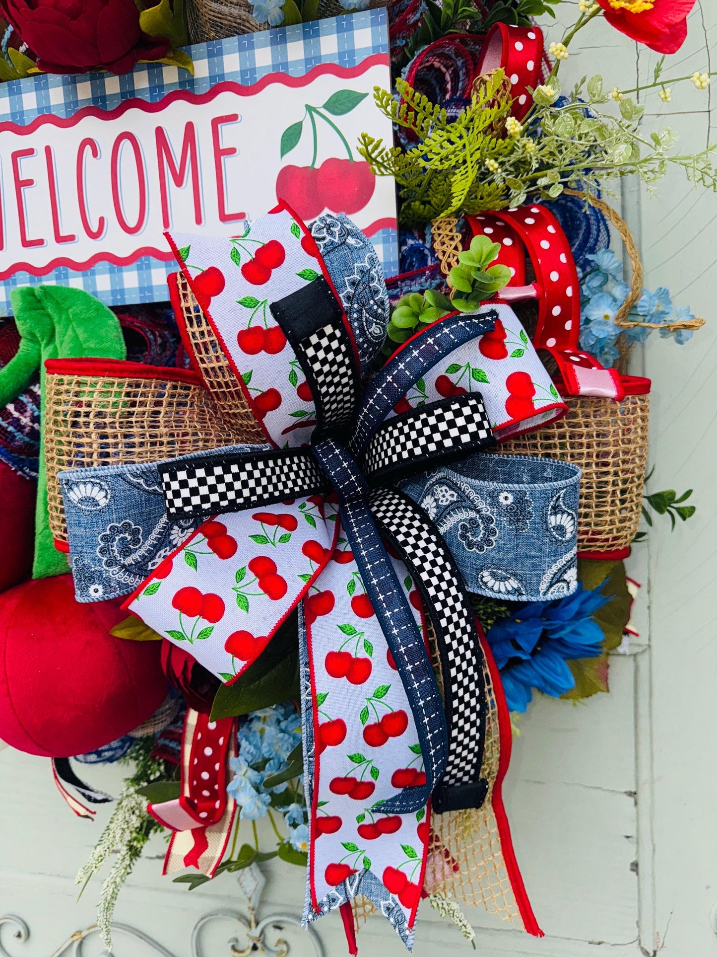 Plush Cherry Wreath with Blue Florals | Seasonal Summer Welcome Wreath Rustic Cherry Door Wreath | Spring Summer Decor | Front Door Wreath