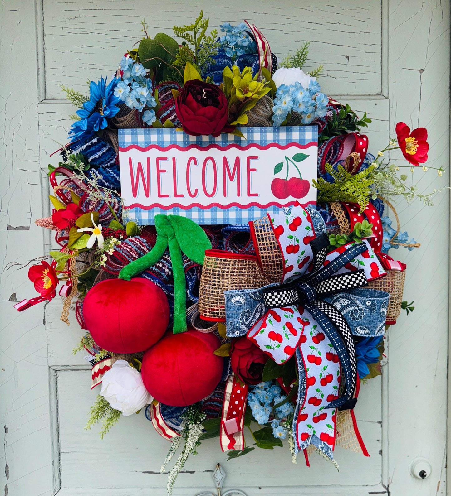 Plush Cherry Wreath with Blue Florals | Seasonal Summer Welcome Wreath Rustic Cherry Door Wreath | Spring Summer Decor | Front Door Wreath